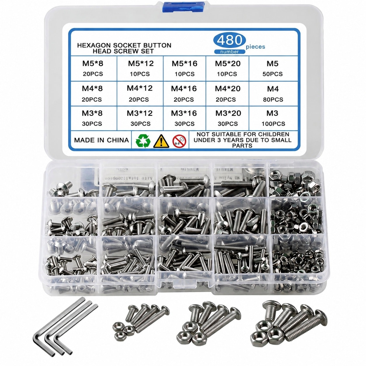 UUDULY  480pcs Stainless Steel Nuts and Bolts Assortment Metric Machine Screws Set M3 M4 M5 Hex Bolts and Nuts Kit with Wrenches for Electronics