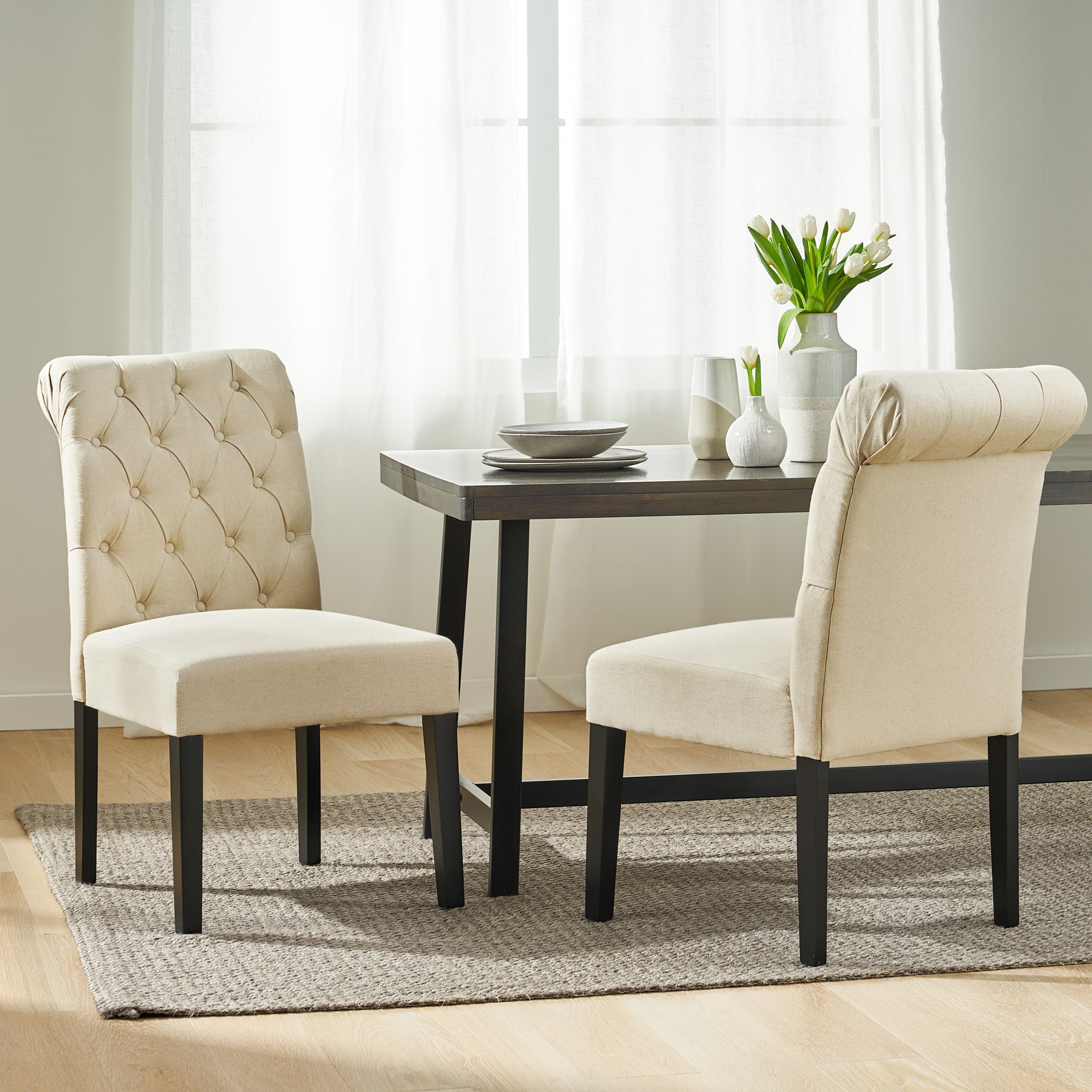 Christopher Knight Home 235093 Broxton Contemporary Tufted Rolltop Dining Chairs Set of 2 Ivory Fabric and Matte Black