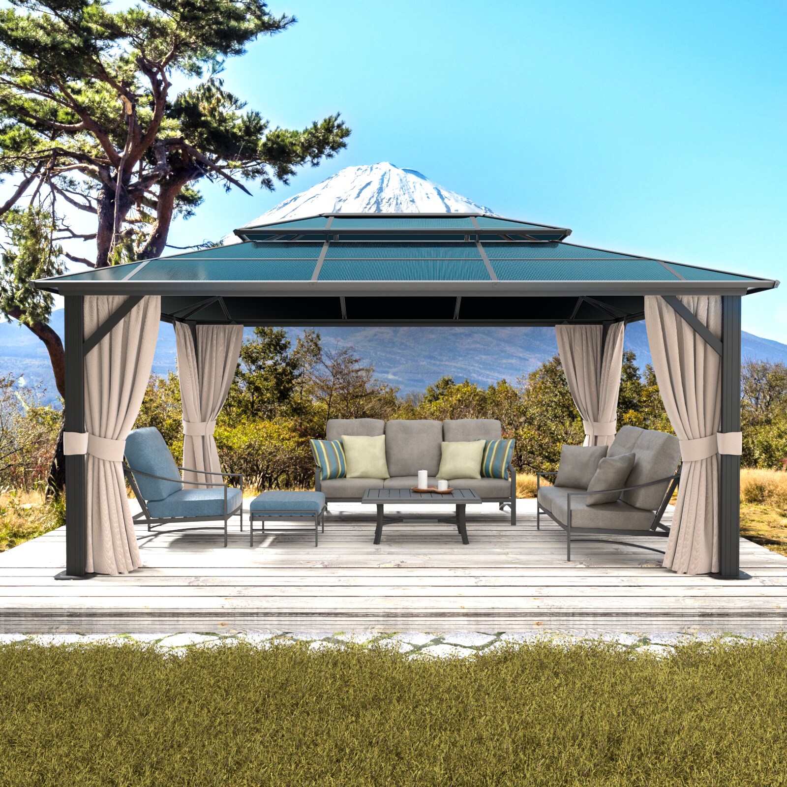 AOXUN 16-ft X 12-ft Gazebo Brown Metal Rectangle Screened Gazebo With ...