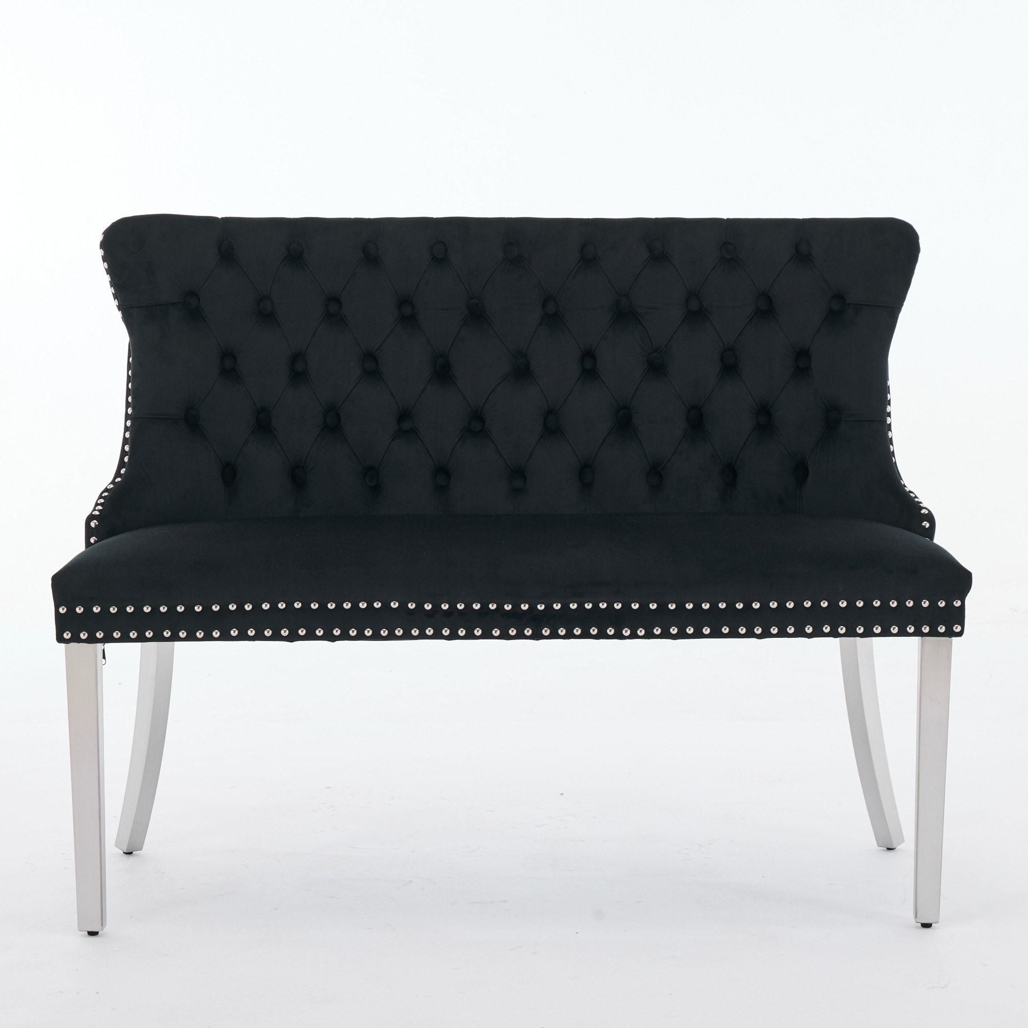UOI Black Velvet Double Dining Loveseat Bench with Handmade Tufted Buttons and Brushed Silver Stainless Steel Legs
