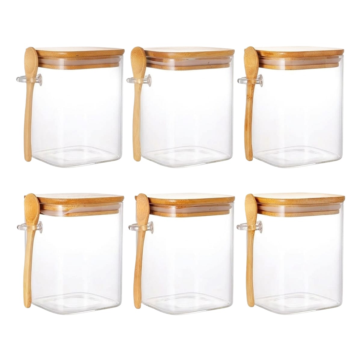 Etokfoks  Clear Glass Bamboo Glass Jar Set Square Glass Storage Containers with Airtight Lids and Spoons 6 pcs Pantry Organizer