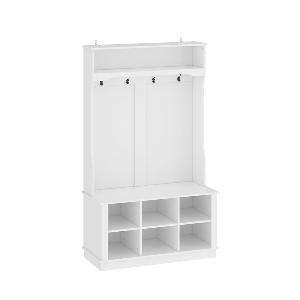  V-KF020215-02 Entryway Hall Tree with Shoe Bench 3-in-1 Hallway Hall Tree with Coat Rack 6 Shoe Storage Cubes and 4 Hanging Hooks