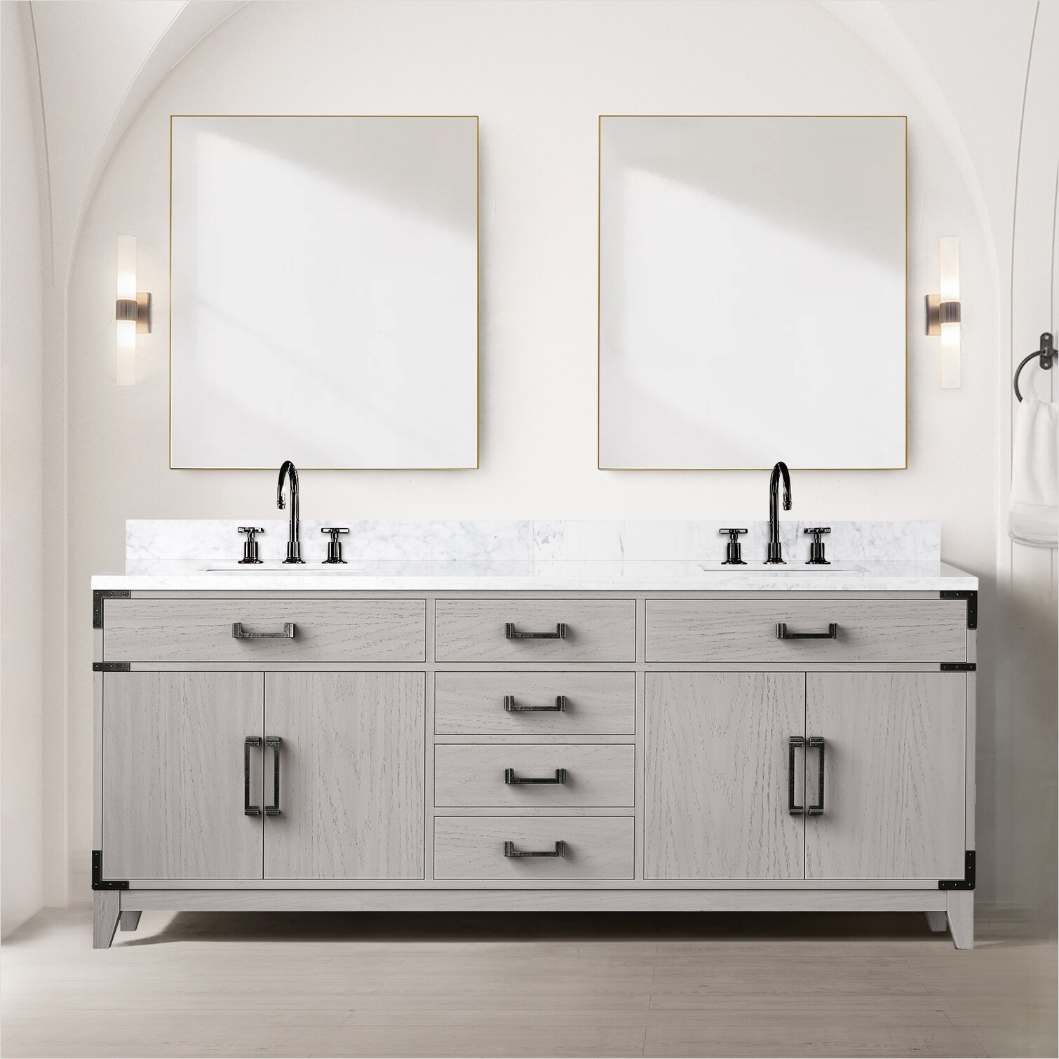 SunJet Luxury 80-Inch White Oak Double Vanity with Carrara Marble Top and Brushed Chrome Faucet Set