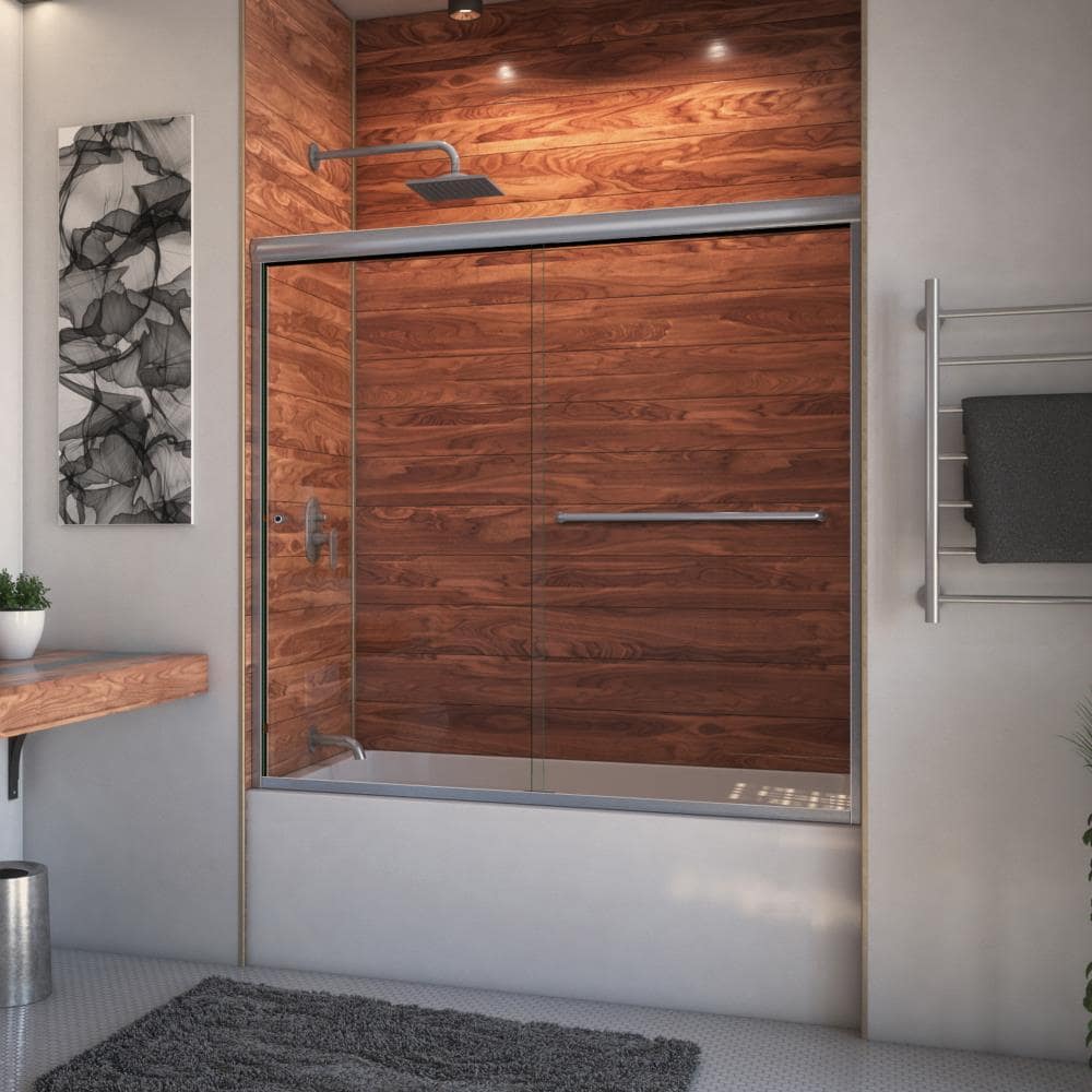 Arizona Shower Door ET16657BNCLL Euro Brushed Nickel 62-in to 66-in W x 57.375-in H Semi-frameless Sliding Bathtub door