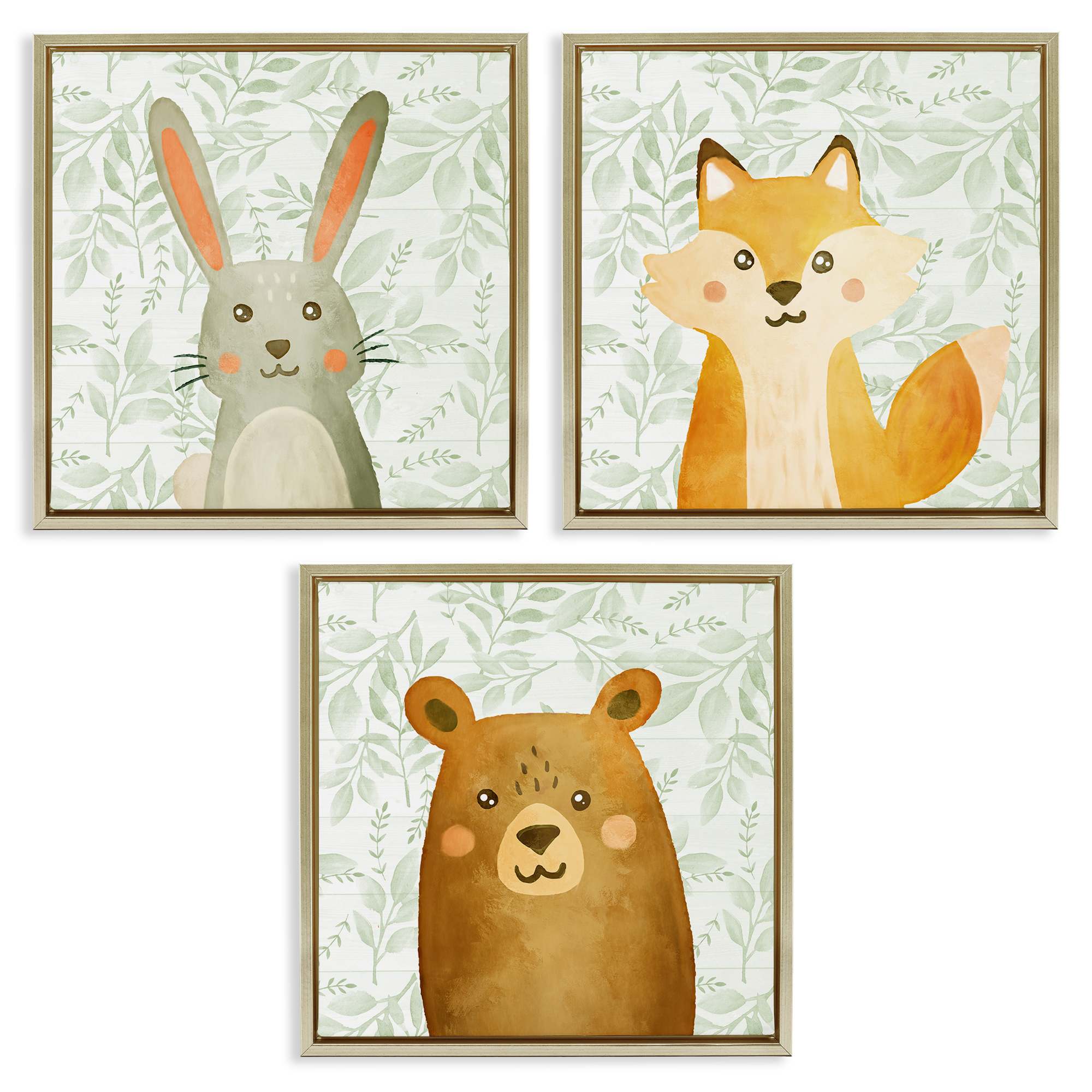Stupell Industries A3-451-FFG-3PC-24X24 Joyful Woodland Animals 3 Piece Gold Framed Floater Canvas Set By Kim Allen 25 x 25