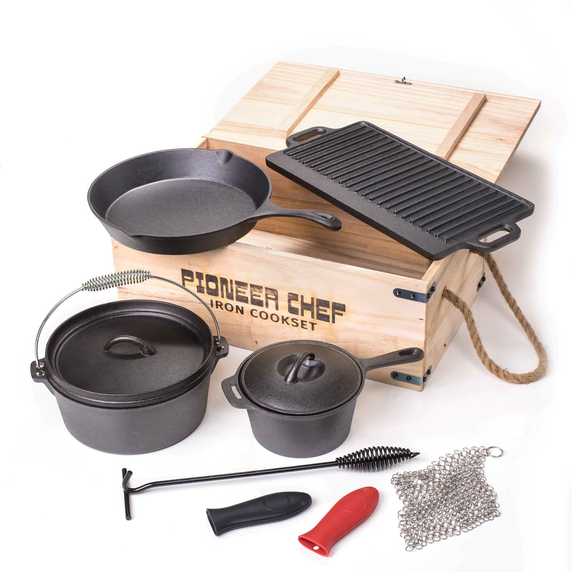 Lehman's Lehmans Campfire Cookware Set - Cast Iron Stew Pot - Skillet - Dutch Oven with Rack and Lid Lifter - Reversible Grill and Scrubbers