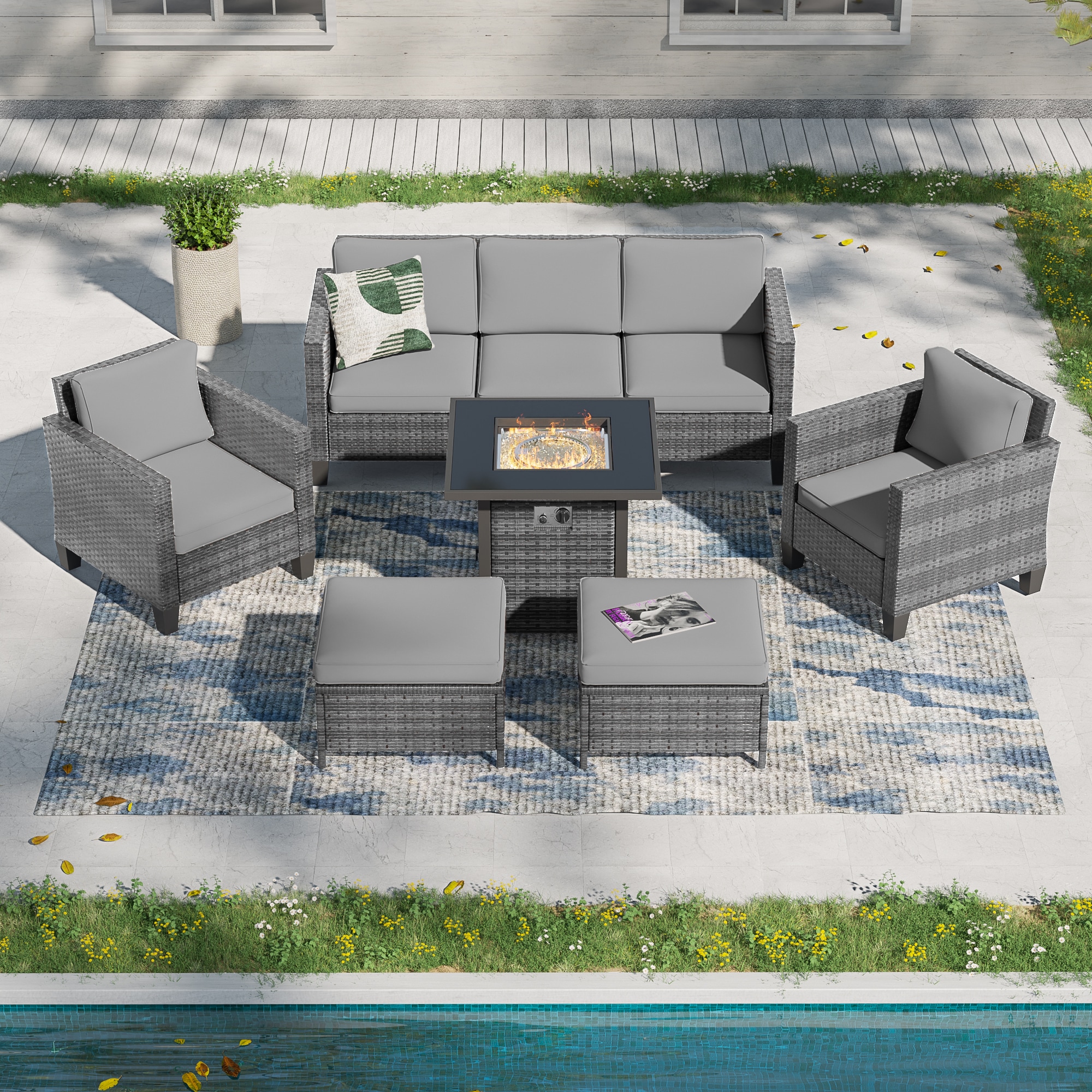 ACEGOSES LW-115HGY-T4 Skytop 6 -Piece Wicker Patio Sofa Conversation Set with Gray Cushions