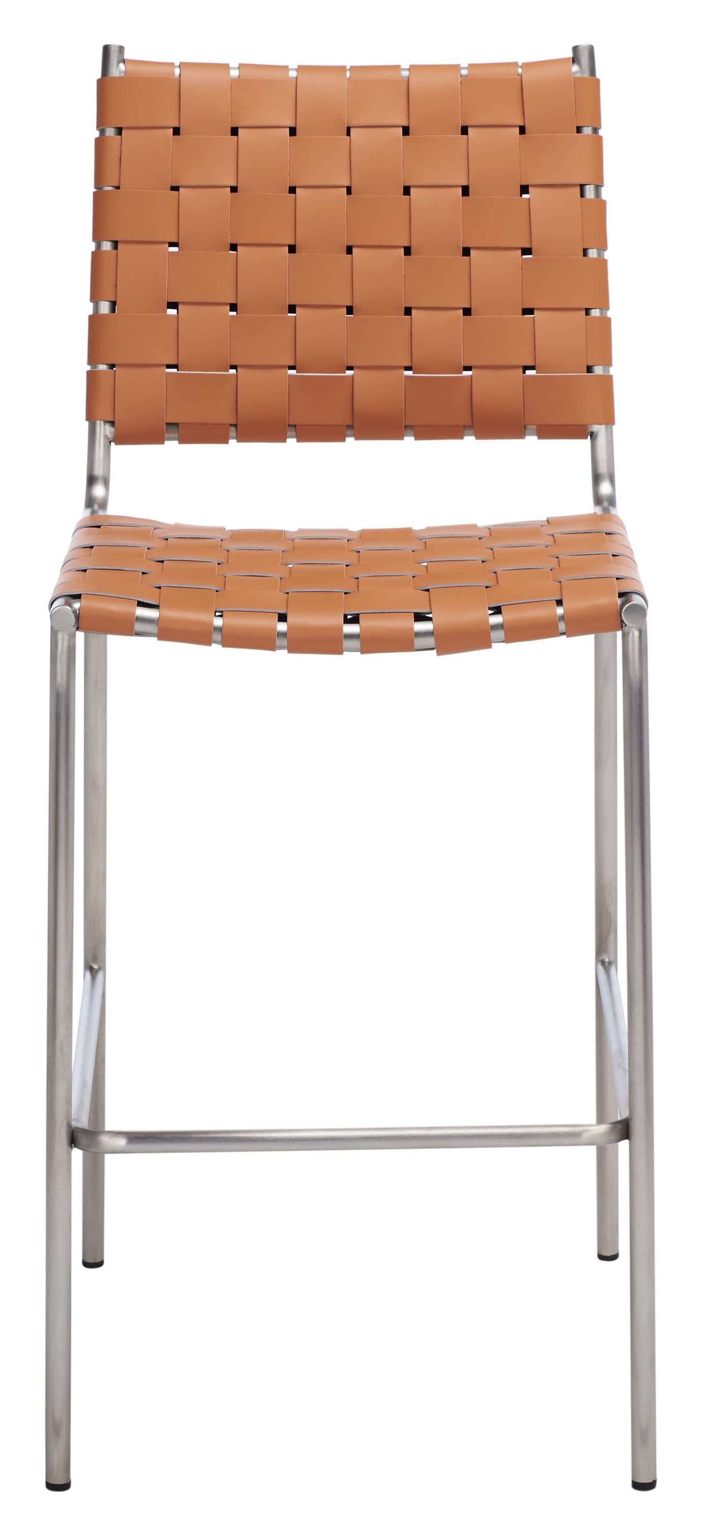 Cognac Leather and Silver Metal Saddle Counter Stool