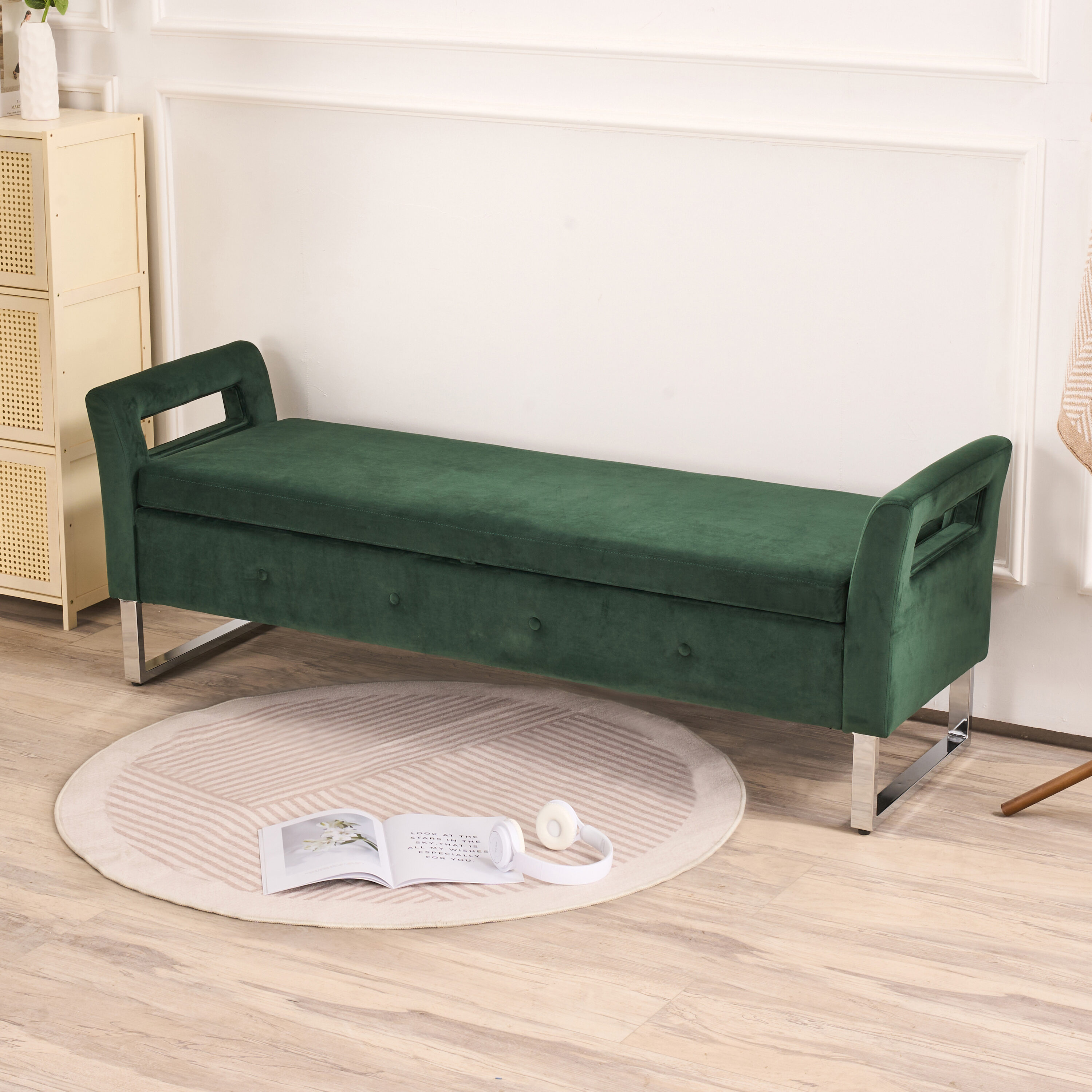 Hrinhom HC-S4113-GREEN Modern GREEN Storage Bench with Storage 67.91-in x 20.08-in x 24.02-in