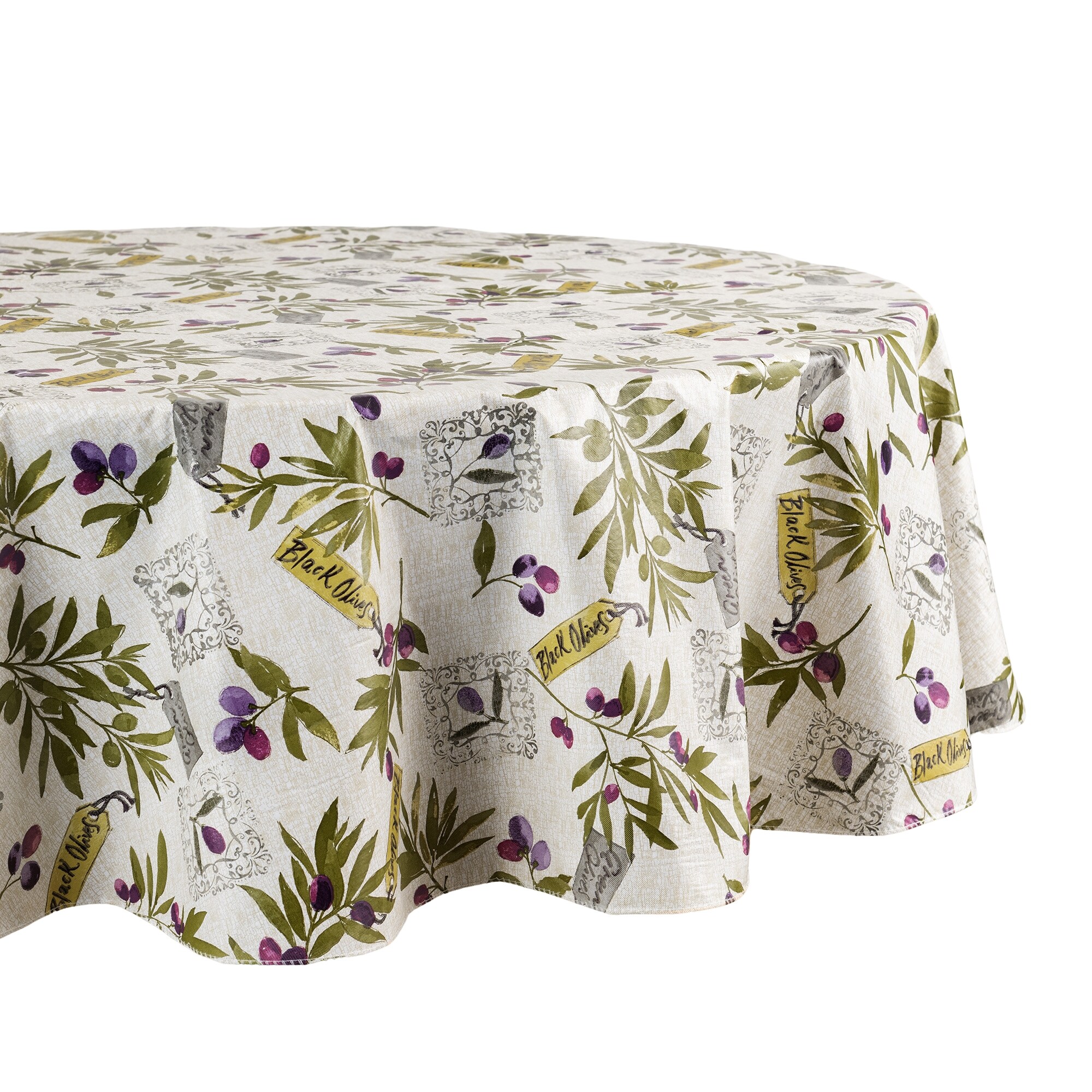 Elrene Home Fashions 194590058746 Montalcino Olive Branches Printed Vinyl 70" Round Indoor/Outdoor Multicolor Table Cover for 60-in round