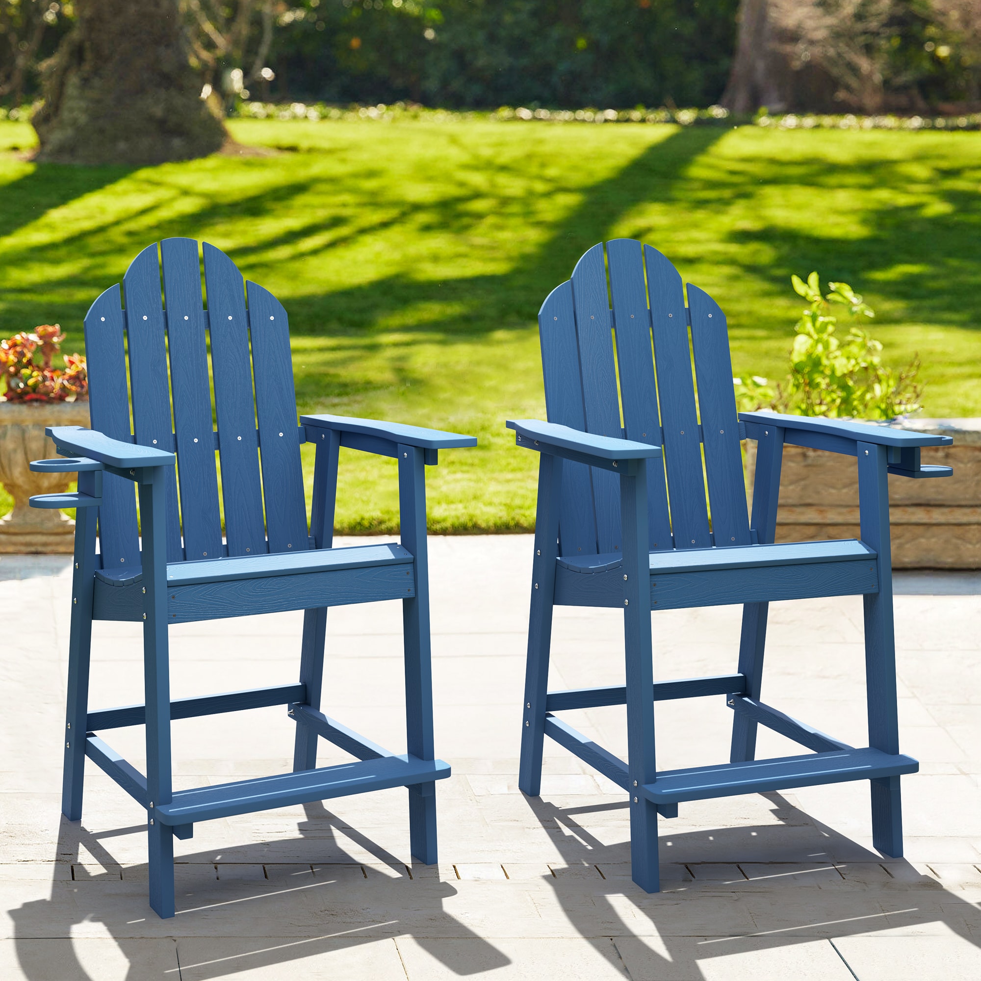 Yurevna LD-BL-2 Patio Bar Stool Set of 2 Navy Blue Polyethylene Frame Stationary Bar Stool Chair with Slat Seat