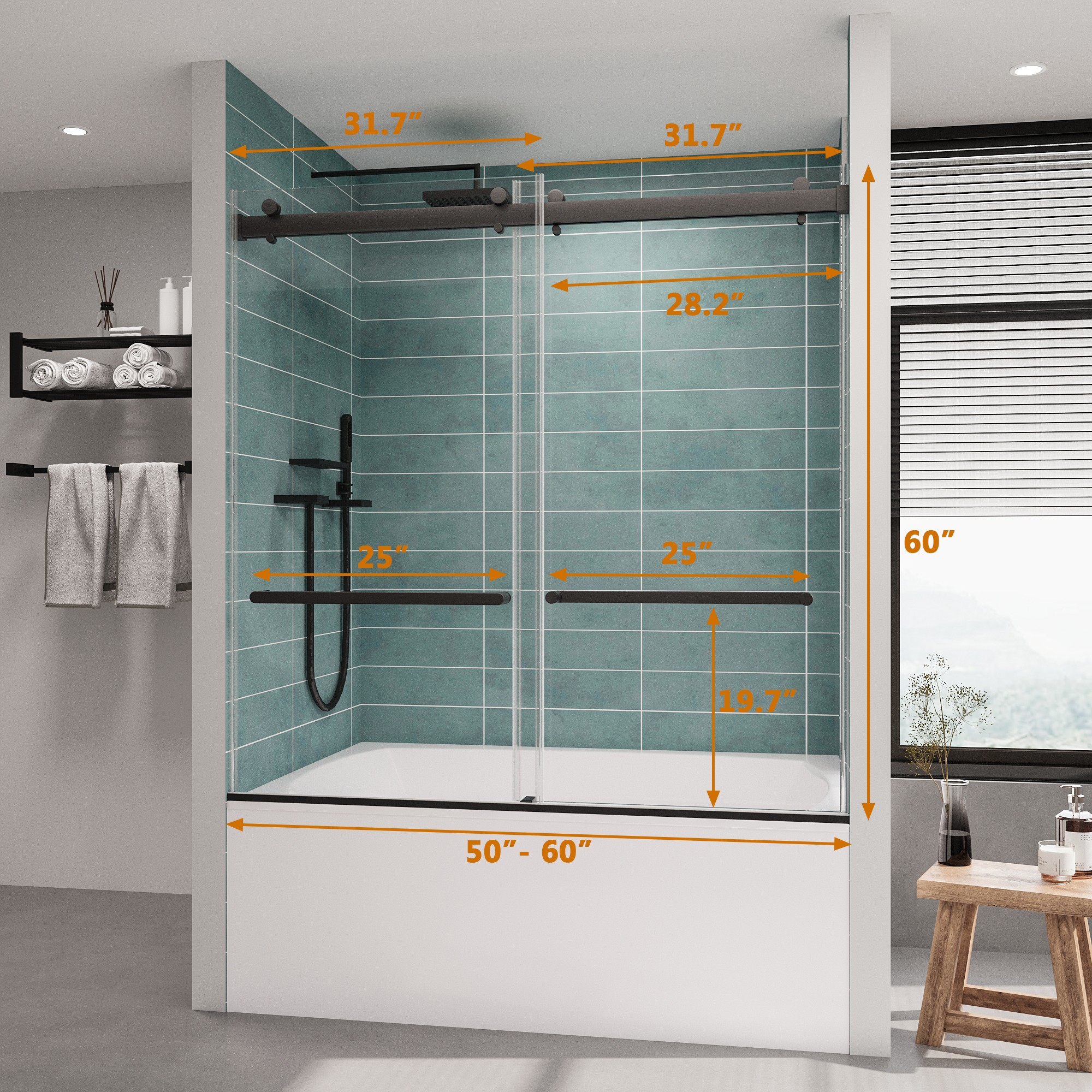 LOVMOR Frameless Bathtub Shower Doors 56-60 W x 60 H Double Sliding ...