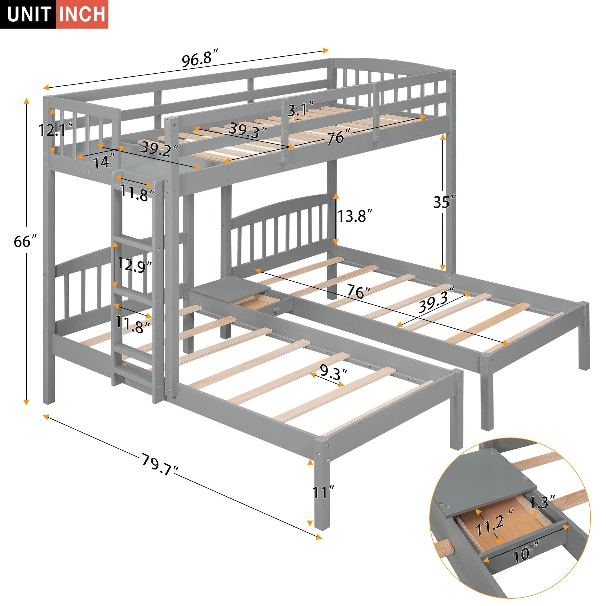 Yiekholo Wood Twin Over Twin over Twin Bunk Bed, 3 in 1 Bunk Beds, Grey ...