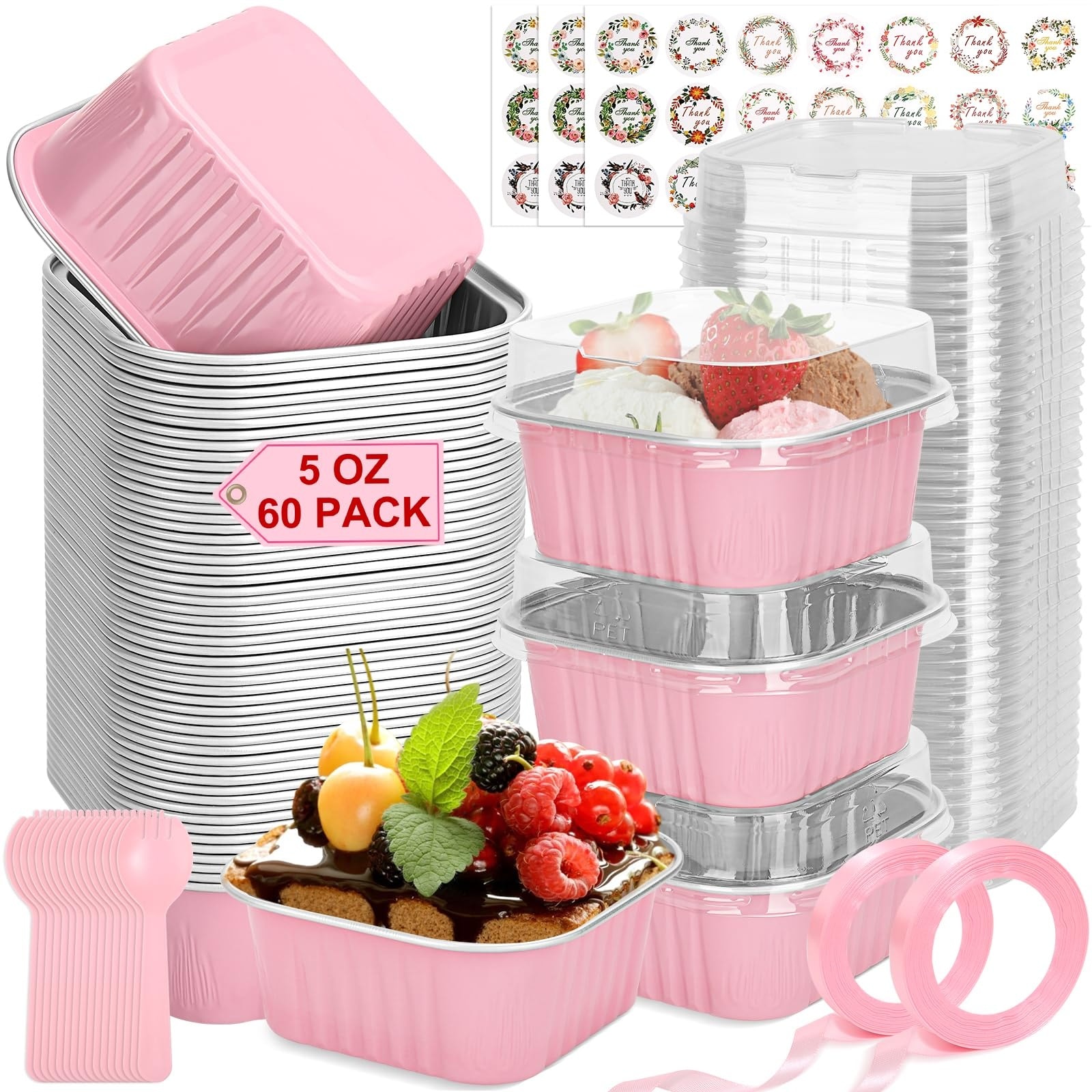 Phewnyzo  60 Pack Mini Cake Pans with Lids and Spoons 5oz Pink Square Aluminum Foil Baking Pans Disposable Dessert Cups with Ribbon Decals fo