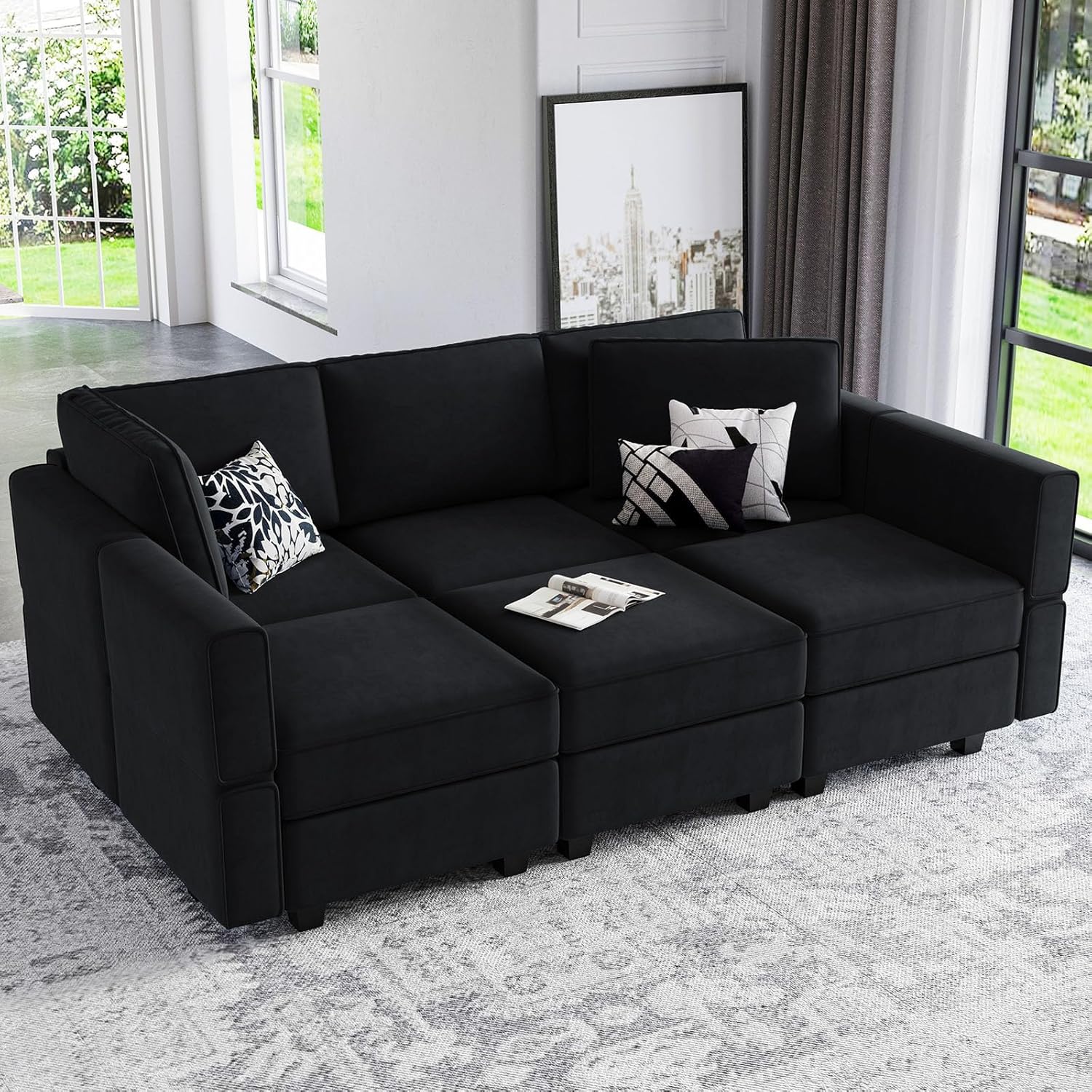 Belffin BF196-A5BC-BLACK 6 Seats + 7 Sides Modular Velvet Sleeper Sofa with Storage Seat