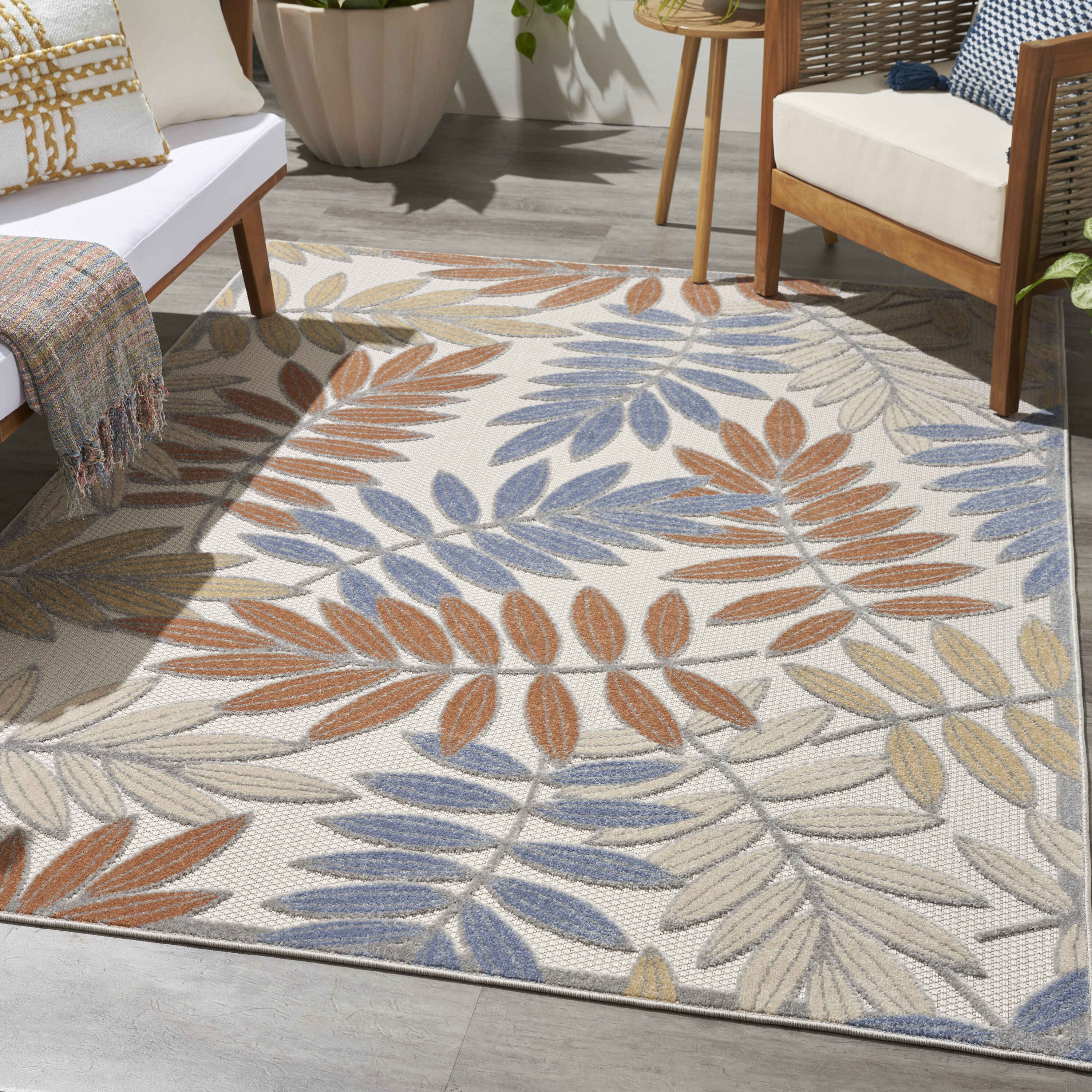 Nourison 099446921505 Aloha 4 x 6 (ft) Loomed Polypropylene Blue Mocha Rectangular Indoor/Outdoor Floral/Botanical Area rug