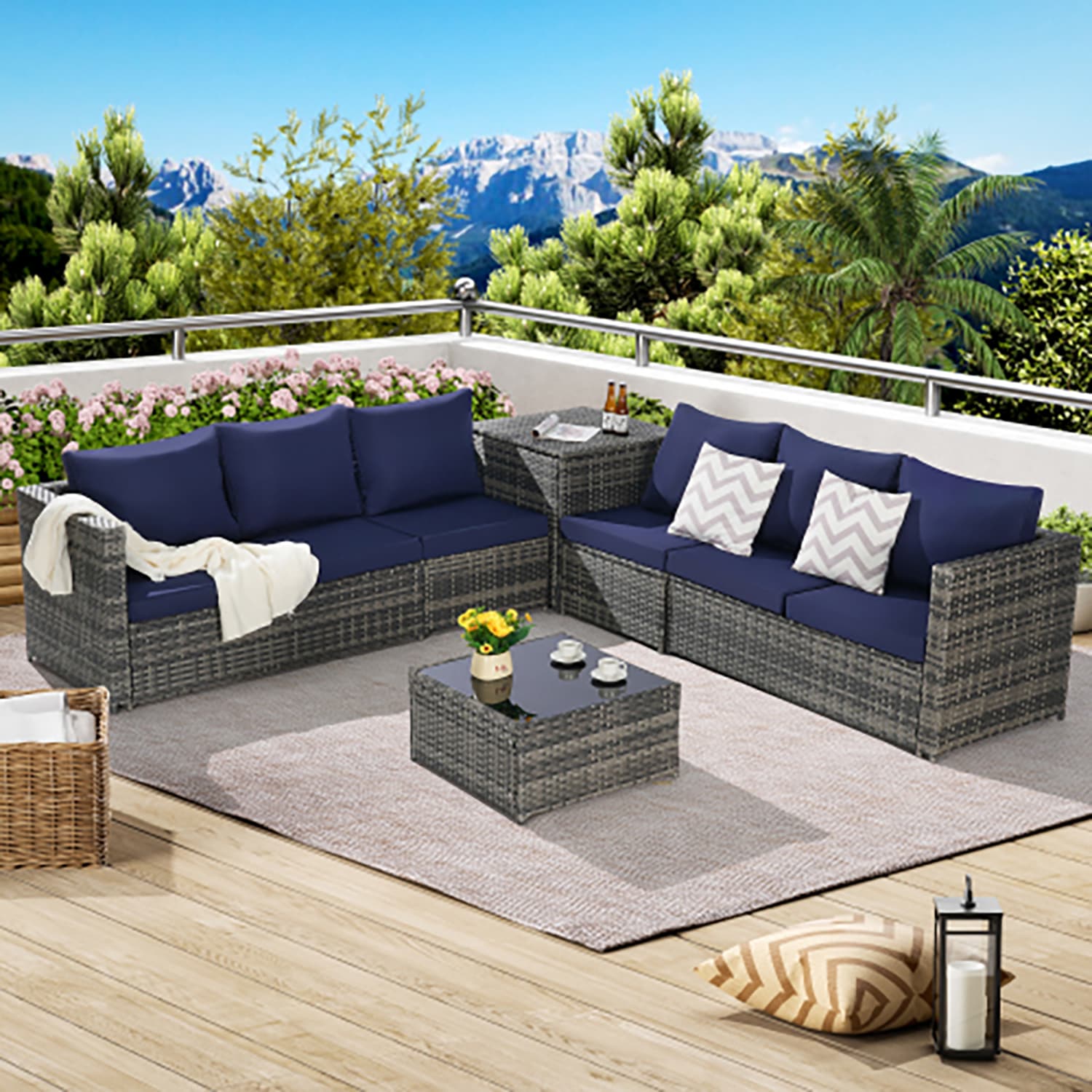 GZMR GM-DH-00033 6 -Piece Rattan 2 Patio Sofa Conversation Set with Blue Cushions