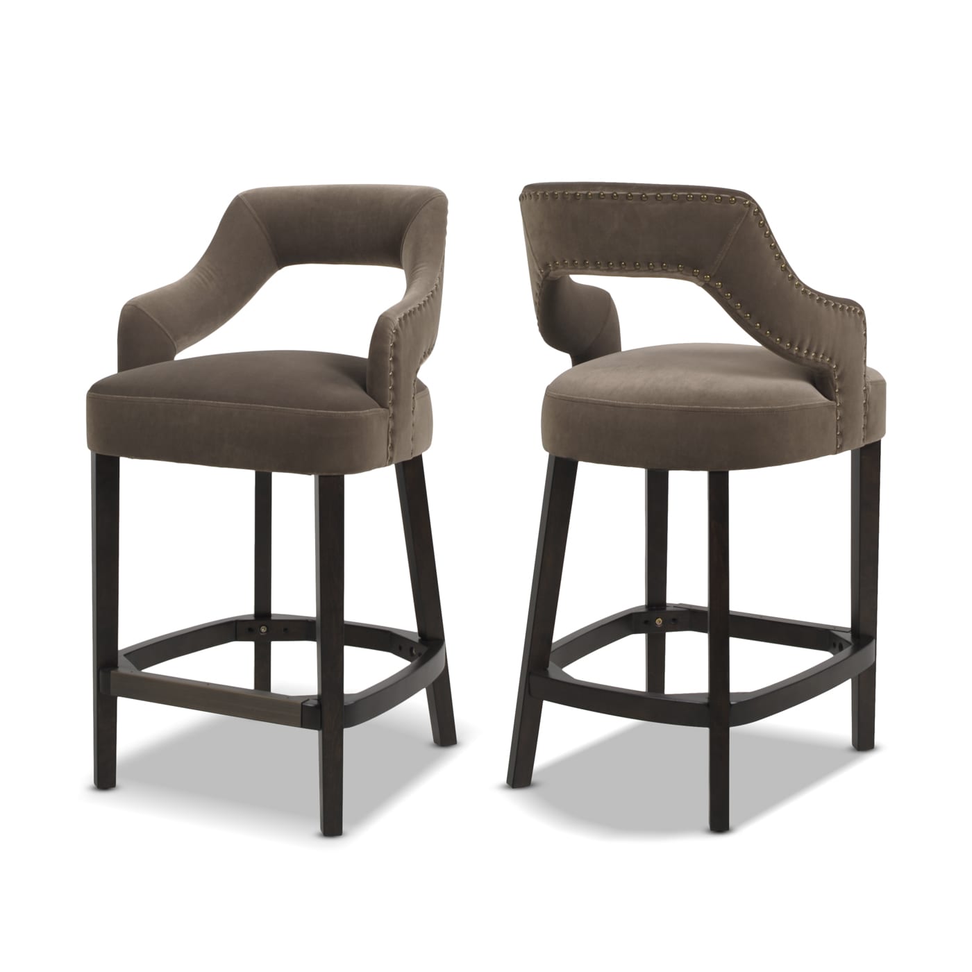 Jennifer Taylor Home 81060-MVD Set of 2 Deep Mink Brown Performance Velvet 27-in H Counter height (24-in to 27-in) Round Seat Upholstered Wood Back Bar Stool with Arms and Back