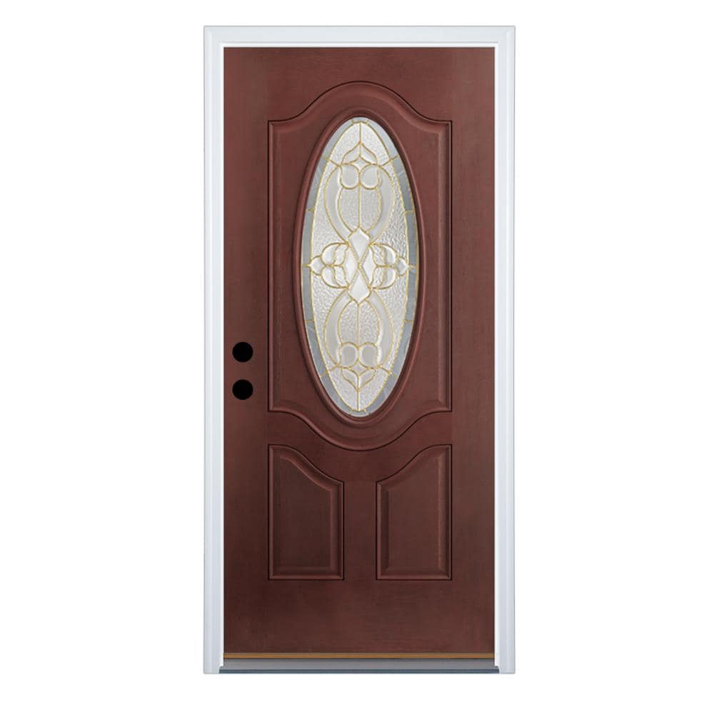 Therma-Tru Benchmark Doors B28KD8DMDVWBARB6 Willowbrook 32-in x 80-in Fiberglass Oval Lite Right-Hand Inswing Mahogany Stained Front Door with Brickmould Insulating Core