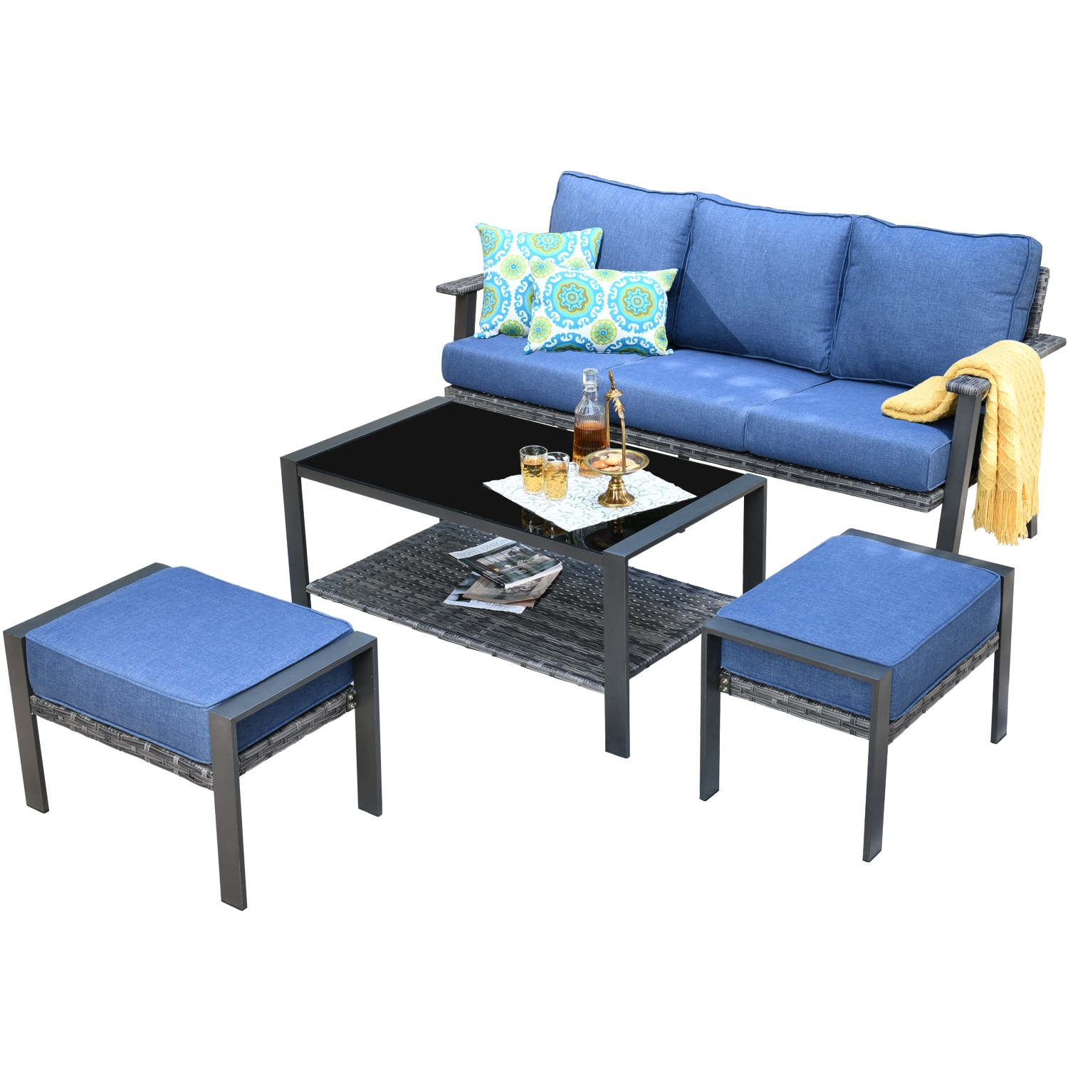 XIZZI XIHW3011 Taurus 3-Piece Wicker Patio Conversation Set with Blue Cushions