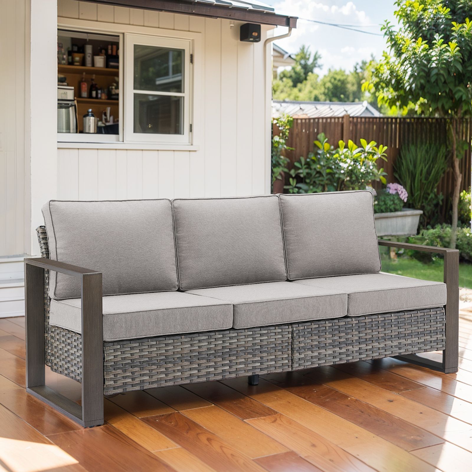  PA127-2 PASOFA-T Wicker Outdoor Sofa with Gray Cushions and Steel Frame