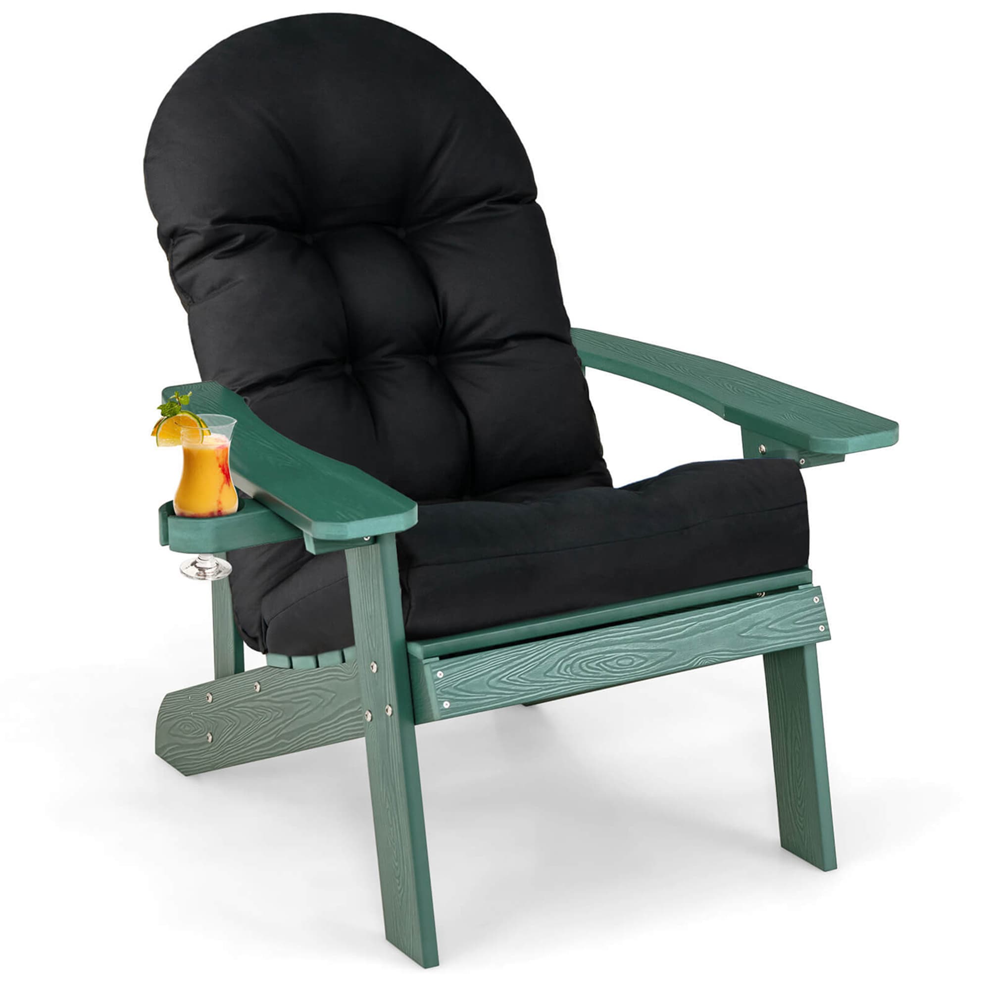 Costway HCST01551 Green Plastic Frame Stationary Adirondack Chair with Black Cushioned Seat