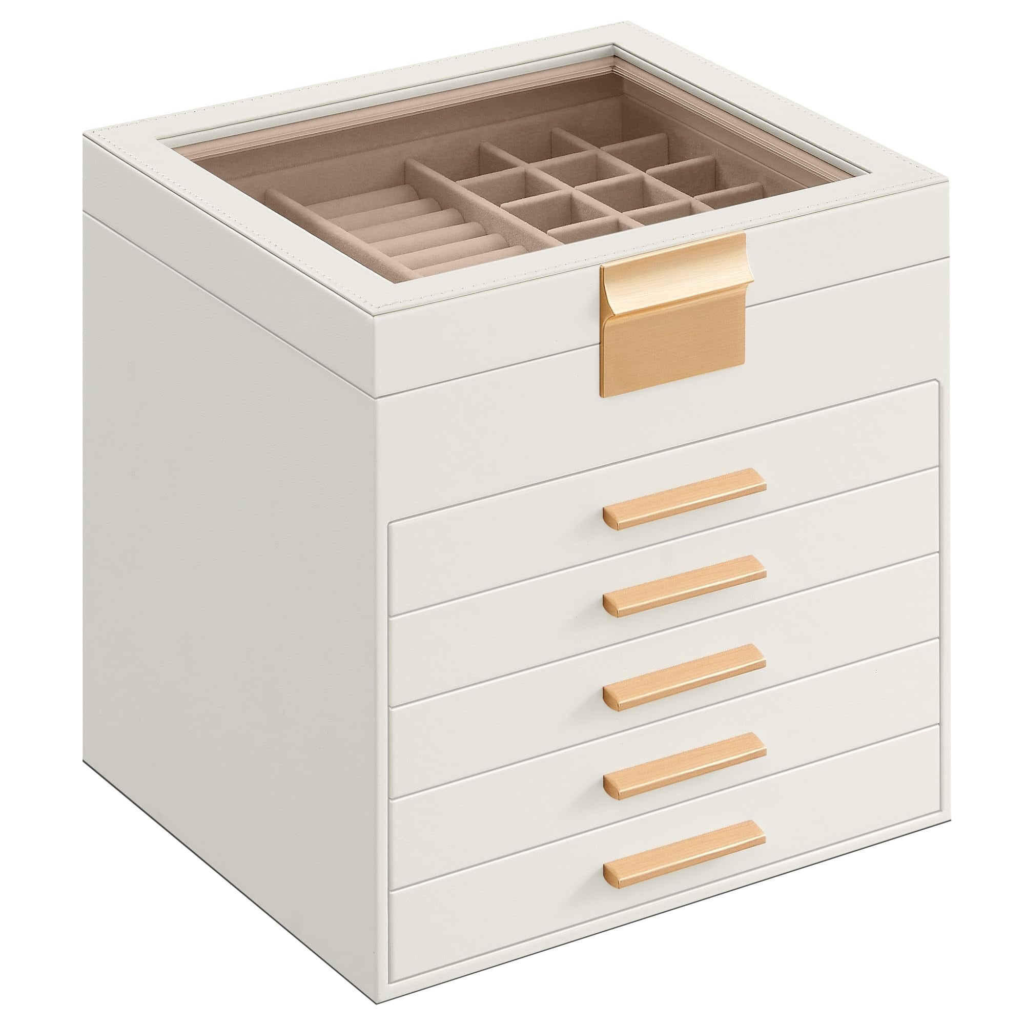 SONGMICS HOME 6-Layer Modern Jewelry Storage with 5 Drawers 6.4 x 9.9 x 11.4 Inches - Cloud White and Gold