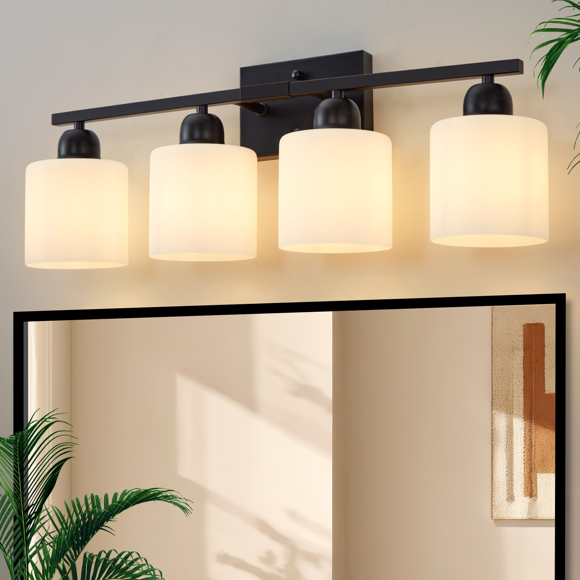 DAKAFUL 24.8-in 4-Light Black Modern Bathroom Vanity Light Fixture Over Mirror with White Glass Shades for Mirror Kitchen Living Room Hallway Cabinet Porch