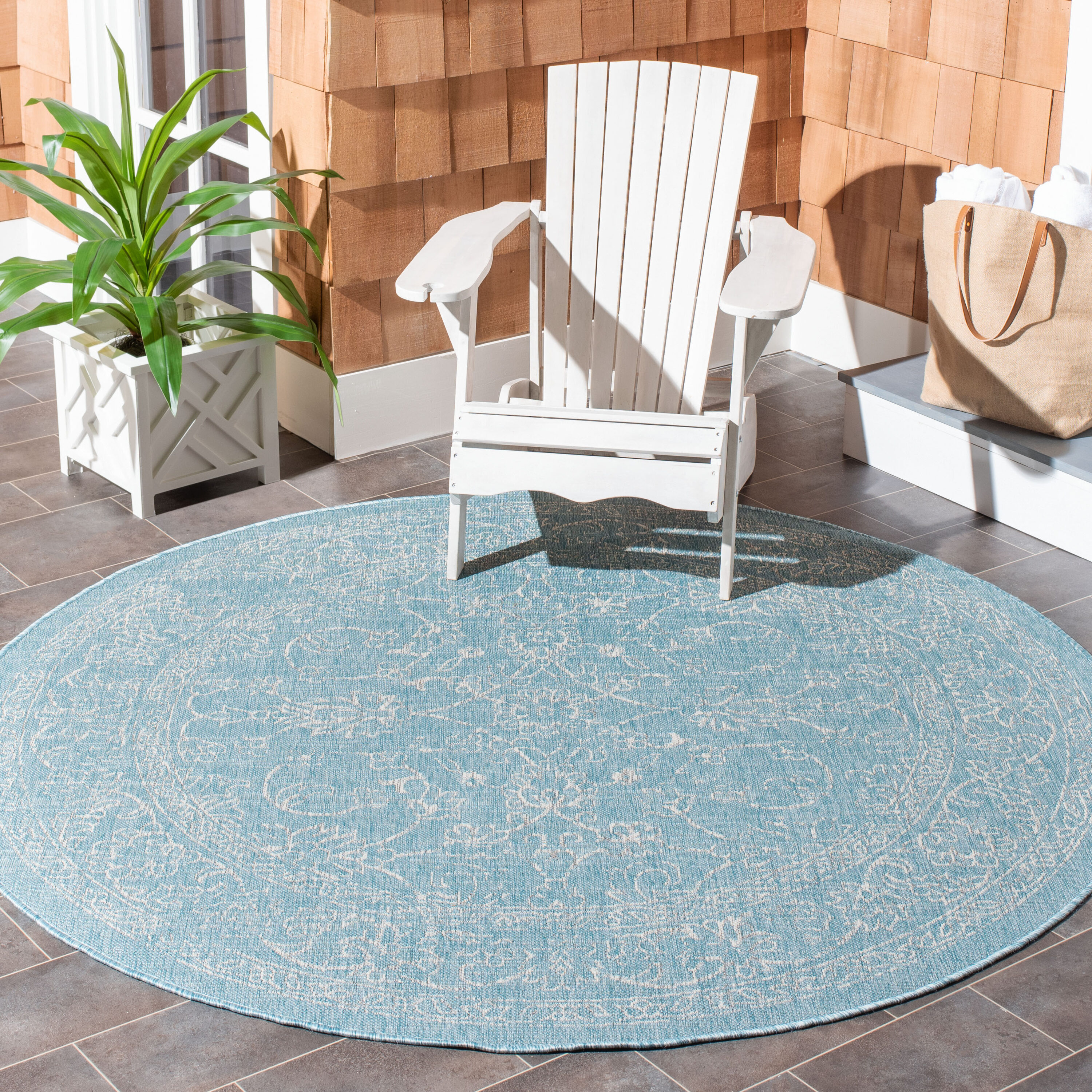 Safavieh CY8680-37121-8R Courtyard 8 x 8 (ft) Loomed Synthetic Aqua/Gray Round Indoor/Outdoor Floral Tropical Area rug