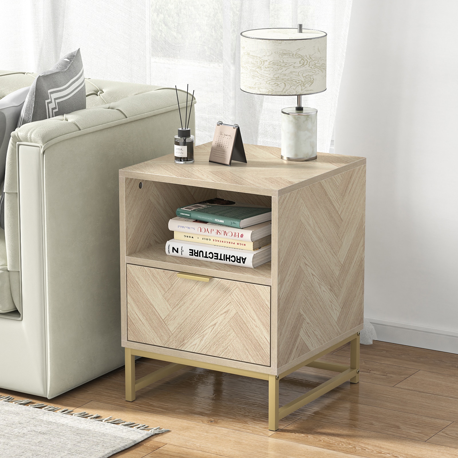 15.75-in W x 20.5-in H Light Oak Nightstand with 1 Drawer and Shelf - Traditional Style Wood Veneer Bedside Table | - Delarpo H0054