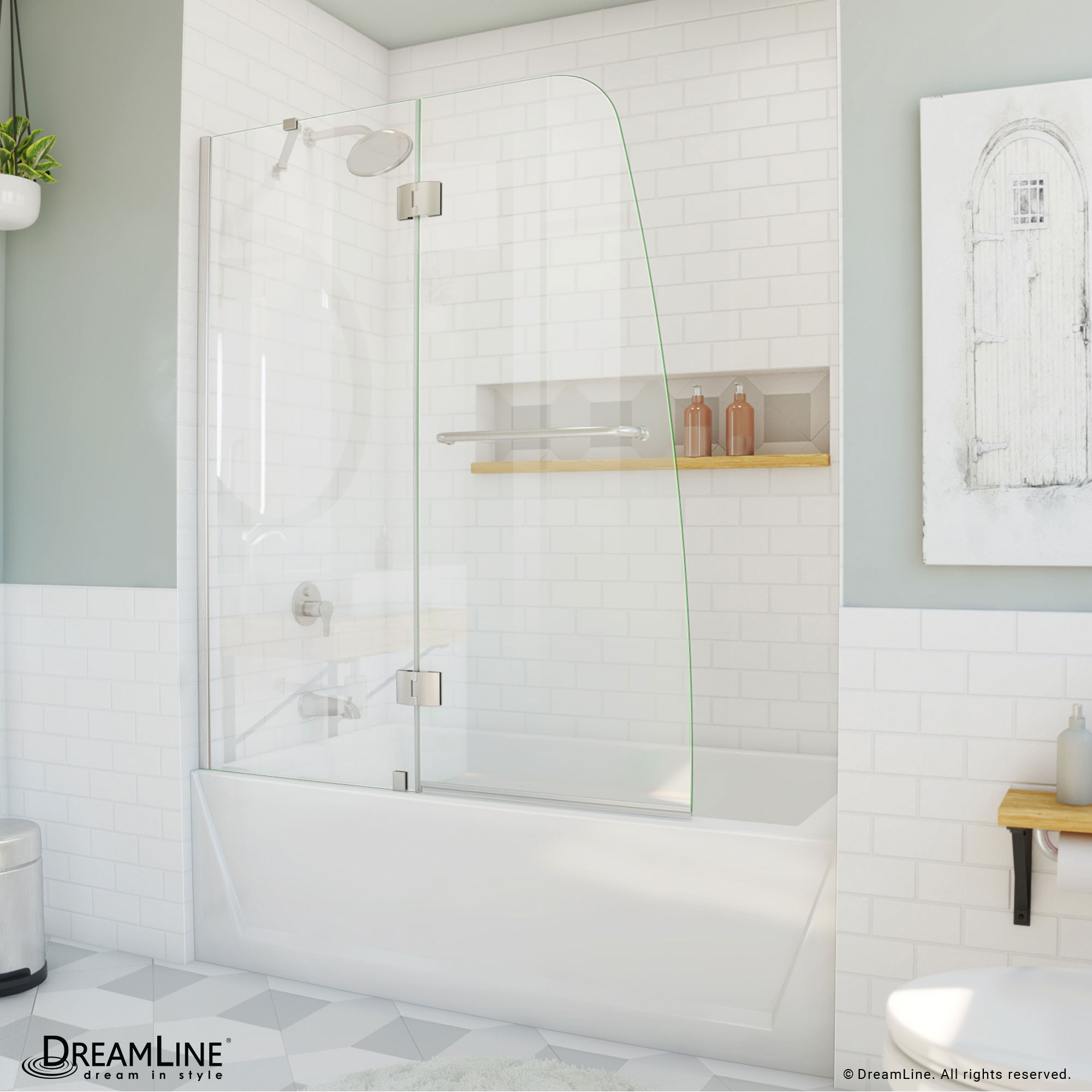 DreamLine SHDR-3148586-04 Aqua Brushed Nickel 48-in to 48-7/16-in W x 58-in H Frameless Hinged Bathtub door