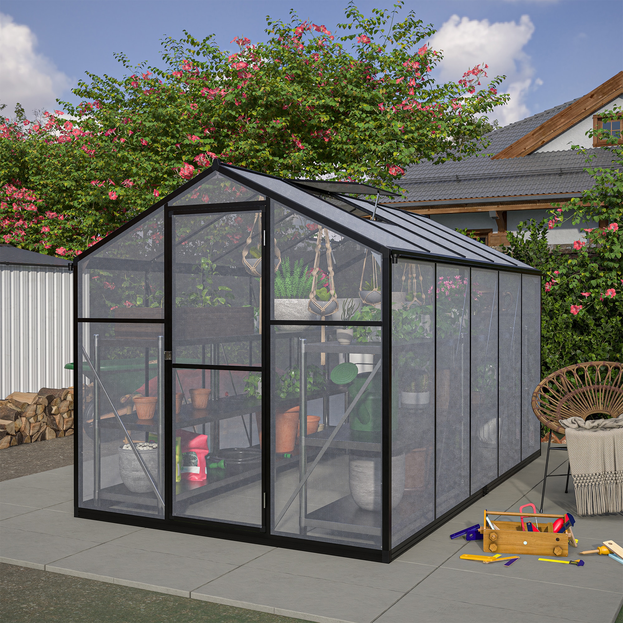 Tatayosi XH-05S00009 6x10 Ft Outdoor Polycarbonate Greenhouse Kit with Aluminum Frame Walk-in Garden Green House with Lockable Door Adjustable Roof Vent Backyard Patio