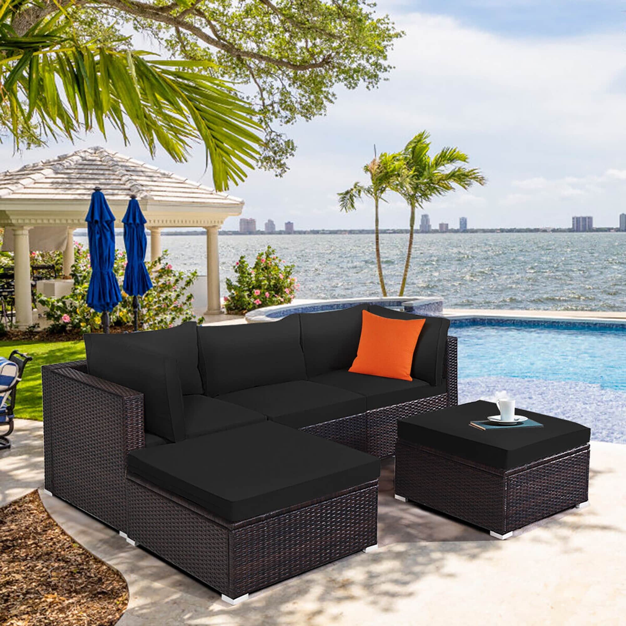 BABOOM BOM-ADK+-CO 5 -Piece Rattan 3 Patio Sofa Conversation Set with Black Black Cushions