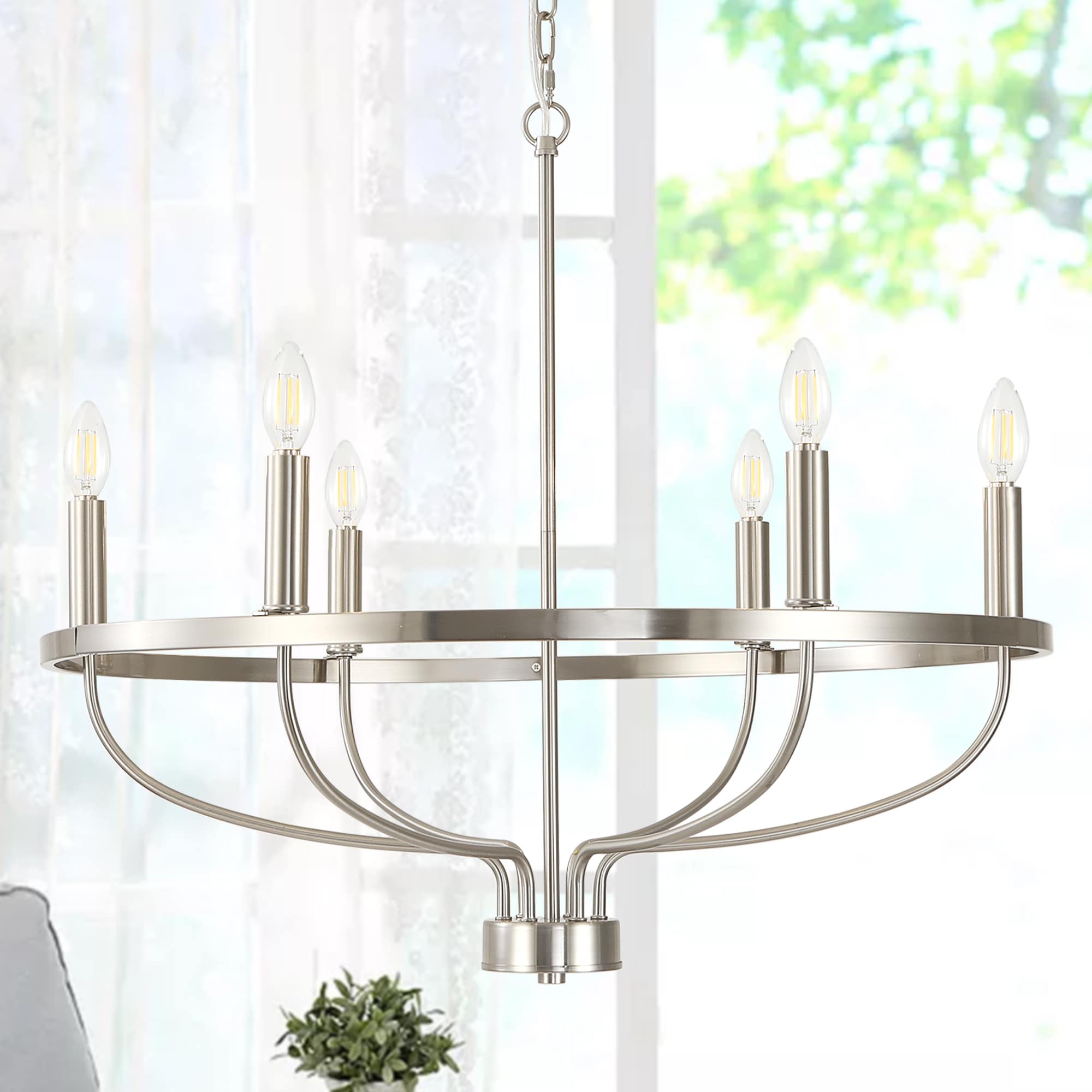 LamQee 06FTL0264ANK Ceiling Pendant Chandelier 6 -Light Brushed Nickel Farmhouse For Use in Bedrooms, Dining Rooms, Foyers, Kitchens, Living Rooms Chandelier