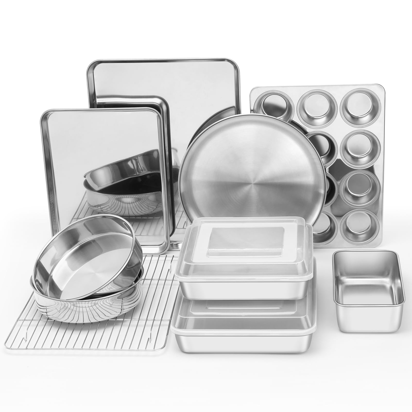 DHMHD  12 Piece Stainless Steel Bakeware Set Includes Round Square Rectangle Cake Pans Cookie Sheet Muffin Loaf Pizza Pans with Lids for Baking