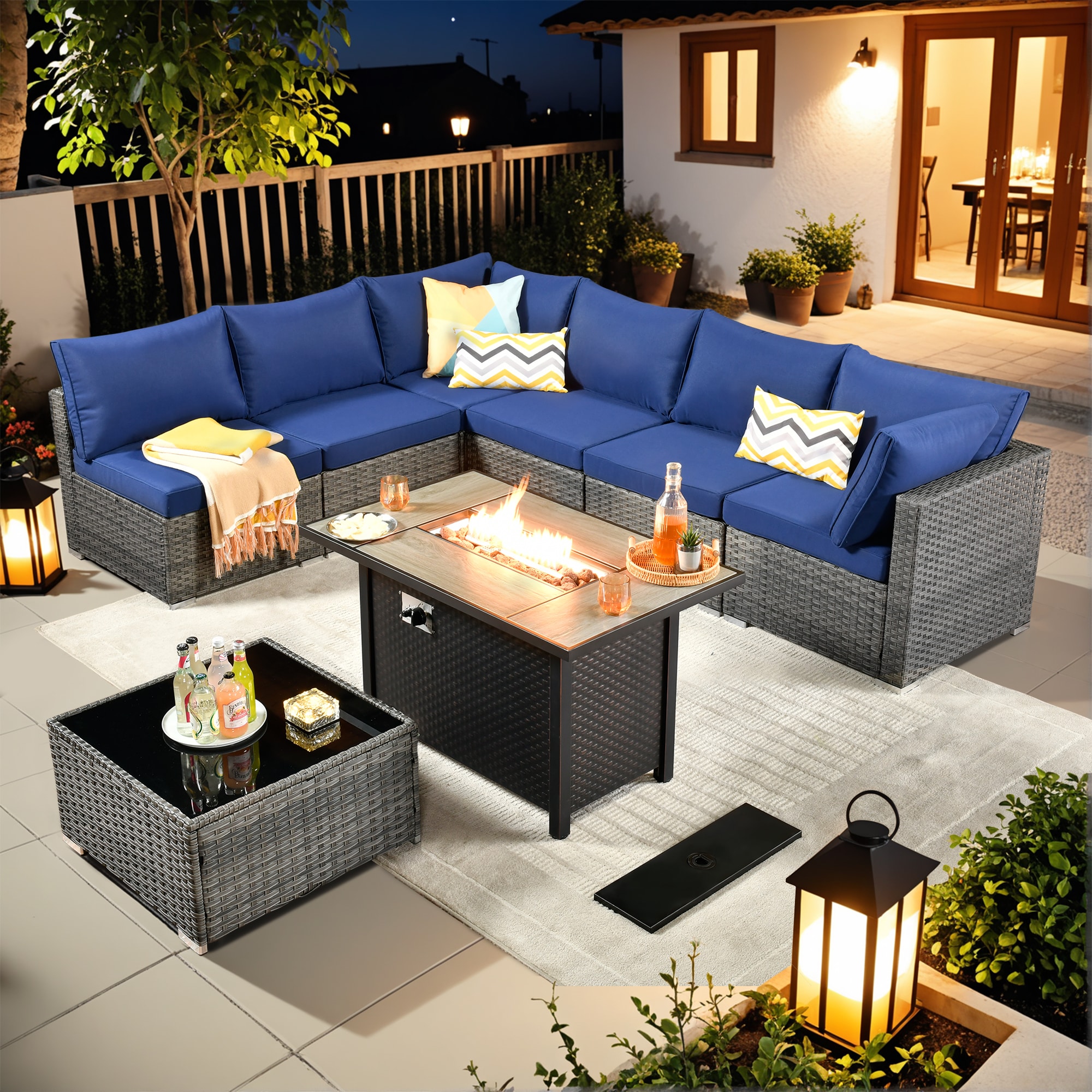 weaxty DCFP03RRS708 Kuuga 8 -Piece Rattan Patio Conversation Set with Blue Cushions