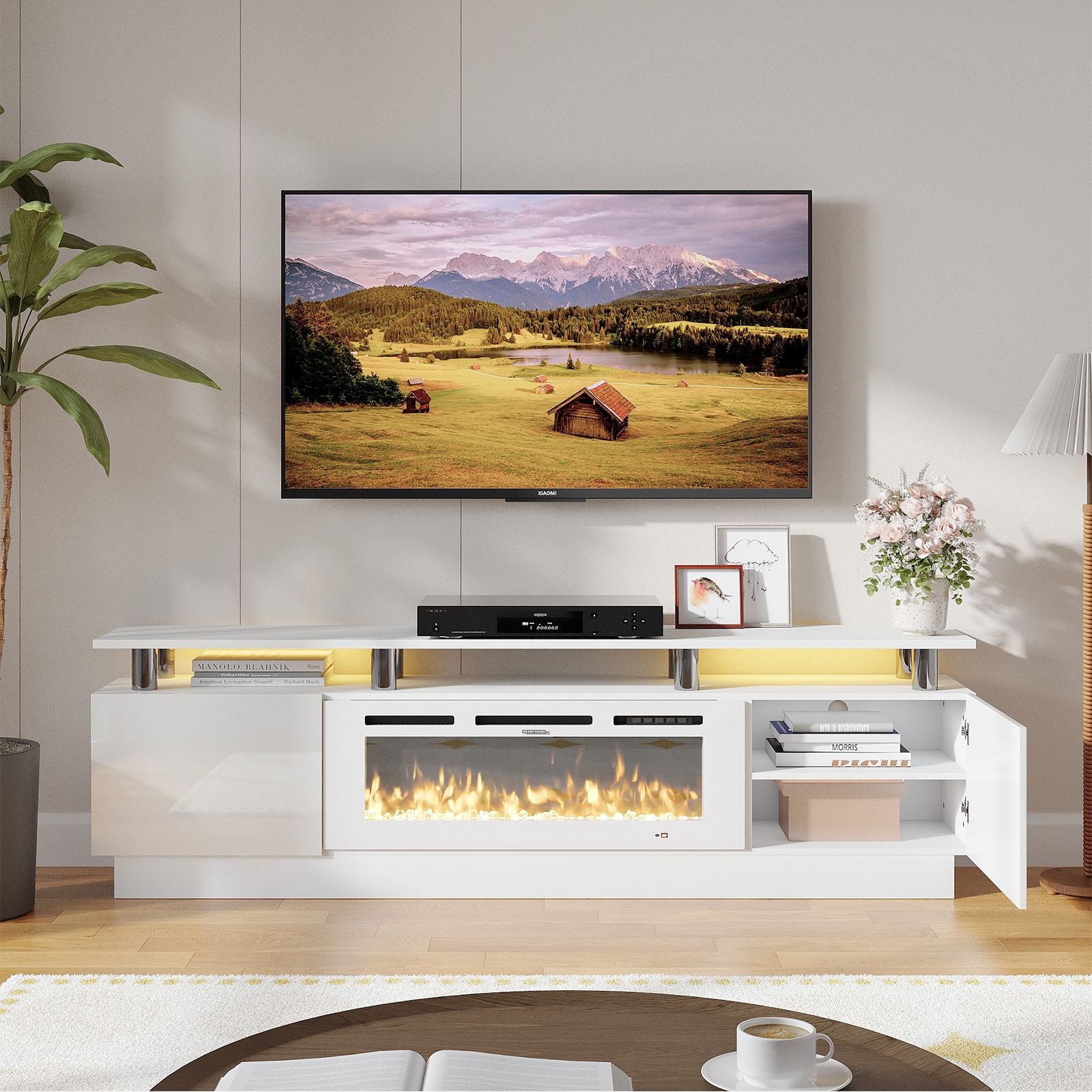 AOXUN 70-in W White TV Stand with LED Electric Fireplace H21011WH+H20017 Sansujyuku sansujyuku.com