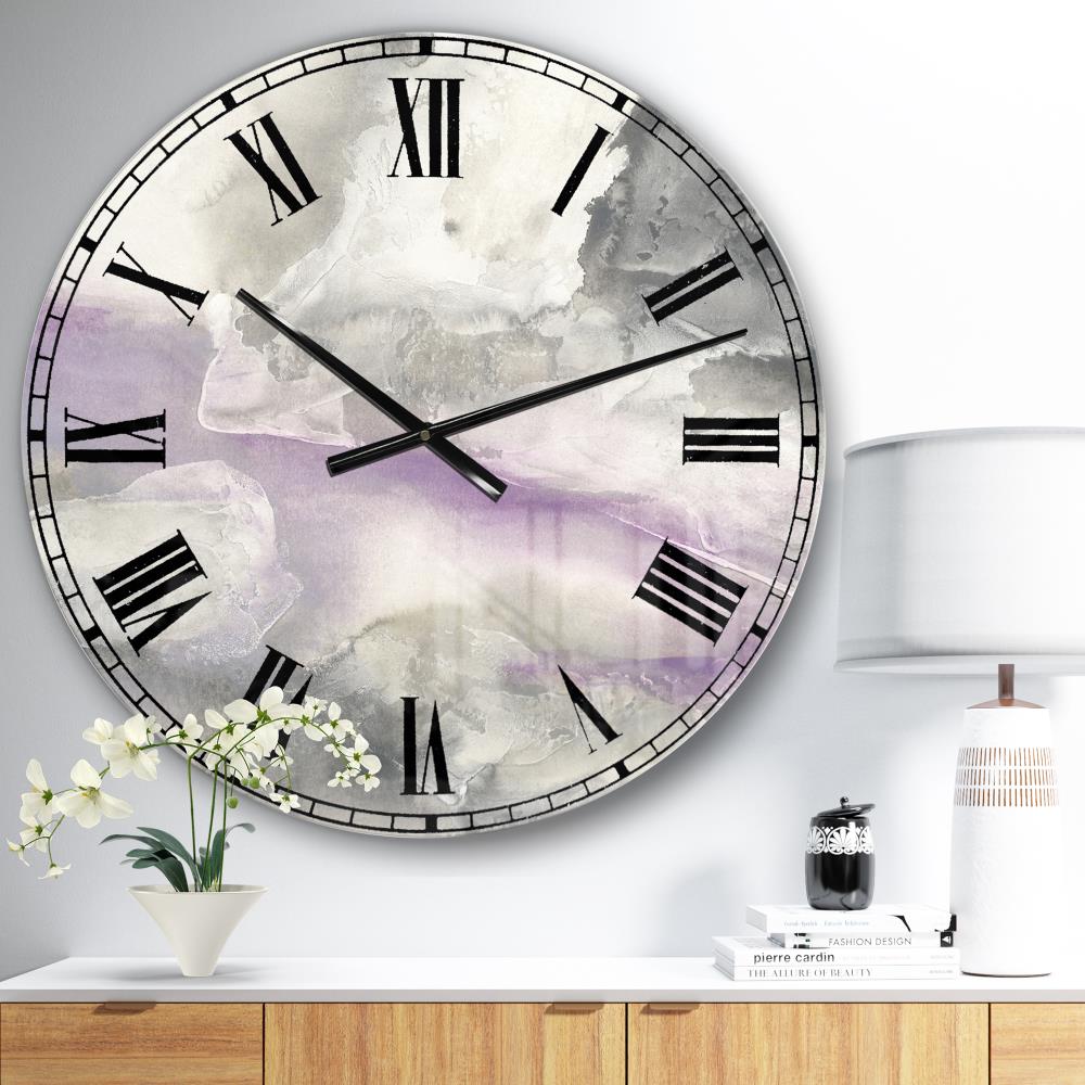 Designart 'Watercolor Minimal Purple Tones I' Gray Metal Farmhouse Wall Clock - Oversized Round Analog Clock for Indoor Use - Batteries Included -  CLM30367-C23