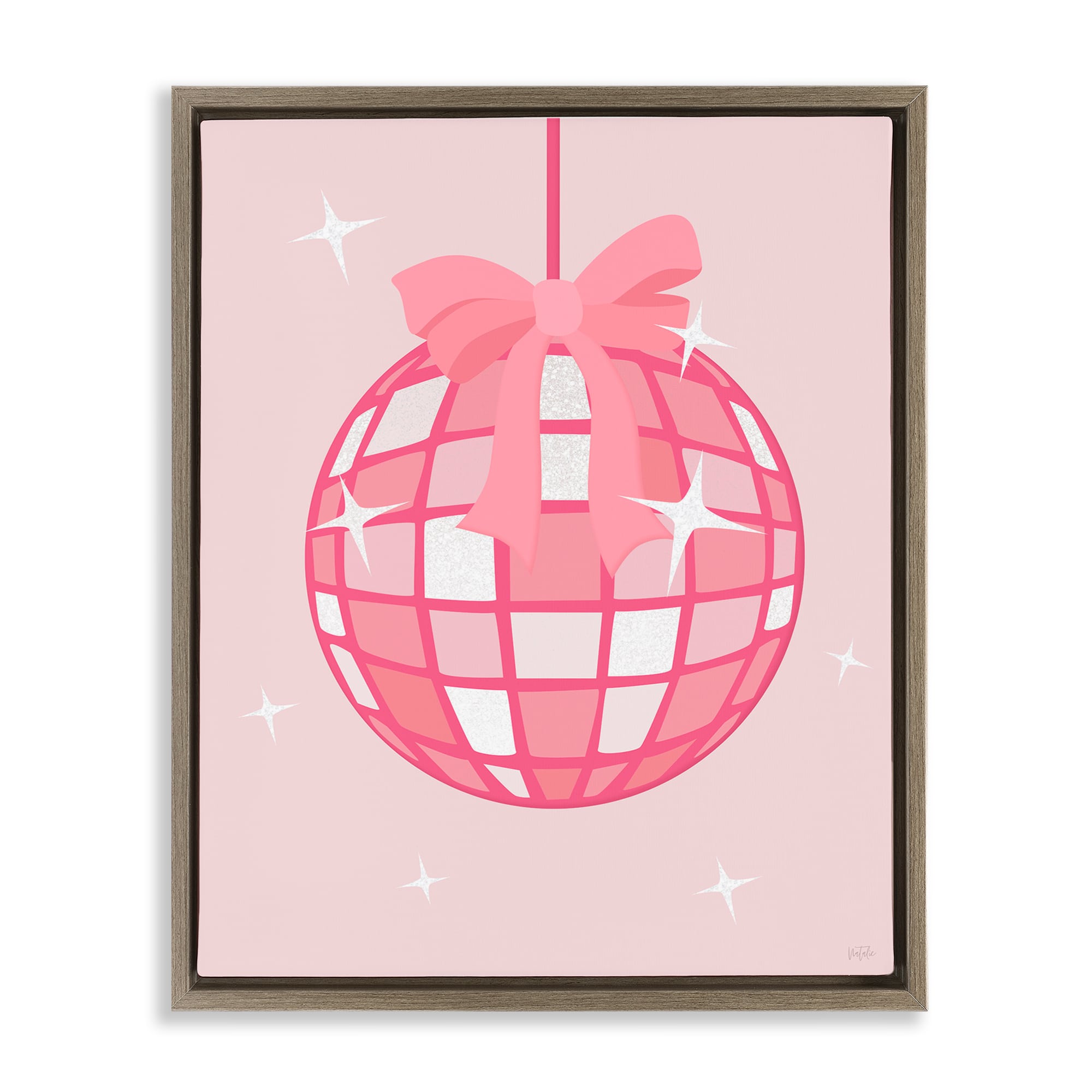 Stupell Industries BS-195-FFE-16X20 Pink Disco Ball with Ribbon Brown Framed Floater Canvas Wall Art By Natalie Carpentieri 17 x 21