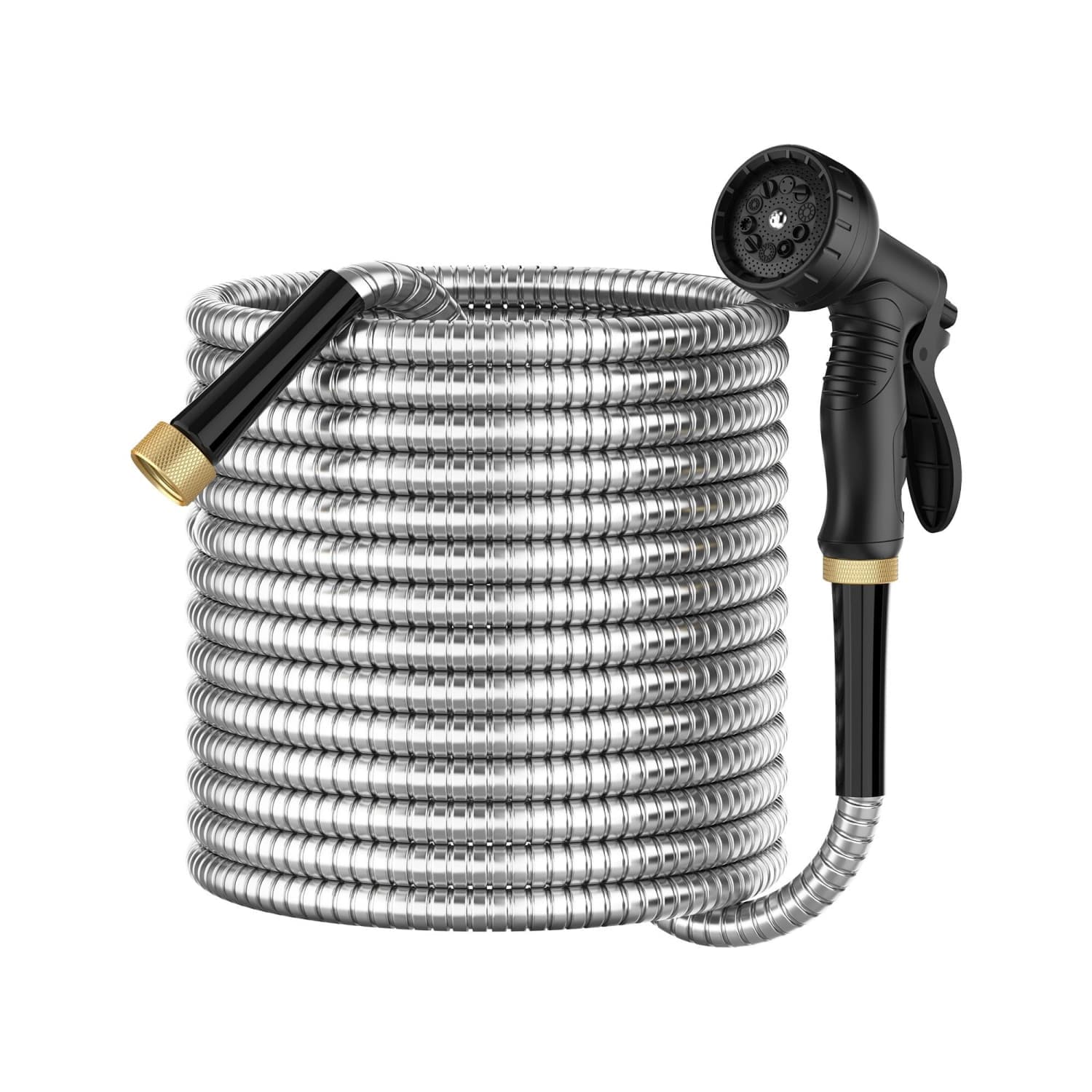 Angel Sar - 100-ft Stainless Steel Garden Hose with 10 Function Nozzle for Yards Lawns Outdoors