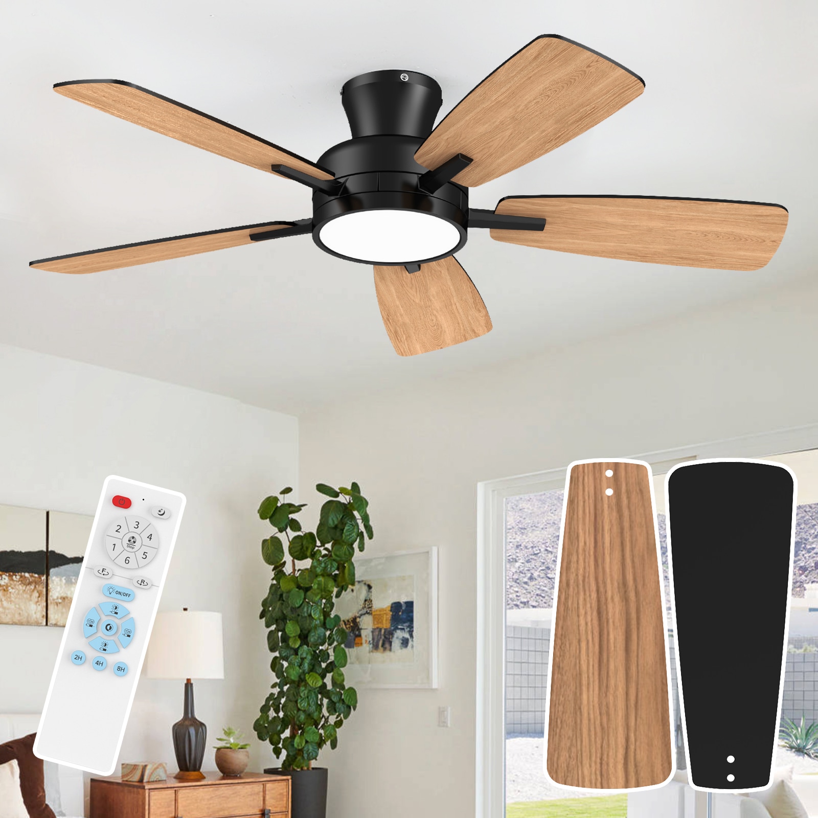 TALOYA 46-in Modern Black Flush Mount Ceiling Fan with Integrated Dimmable LED Light and Backlight Remote Control Reversible DC Motor 5 Dual Finish Black and Walnut Engineered Wood Blades for Bedrooms Living Rooms and Offices