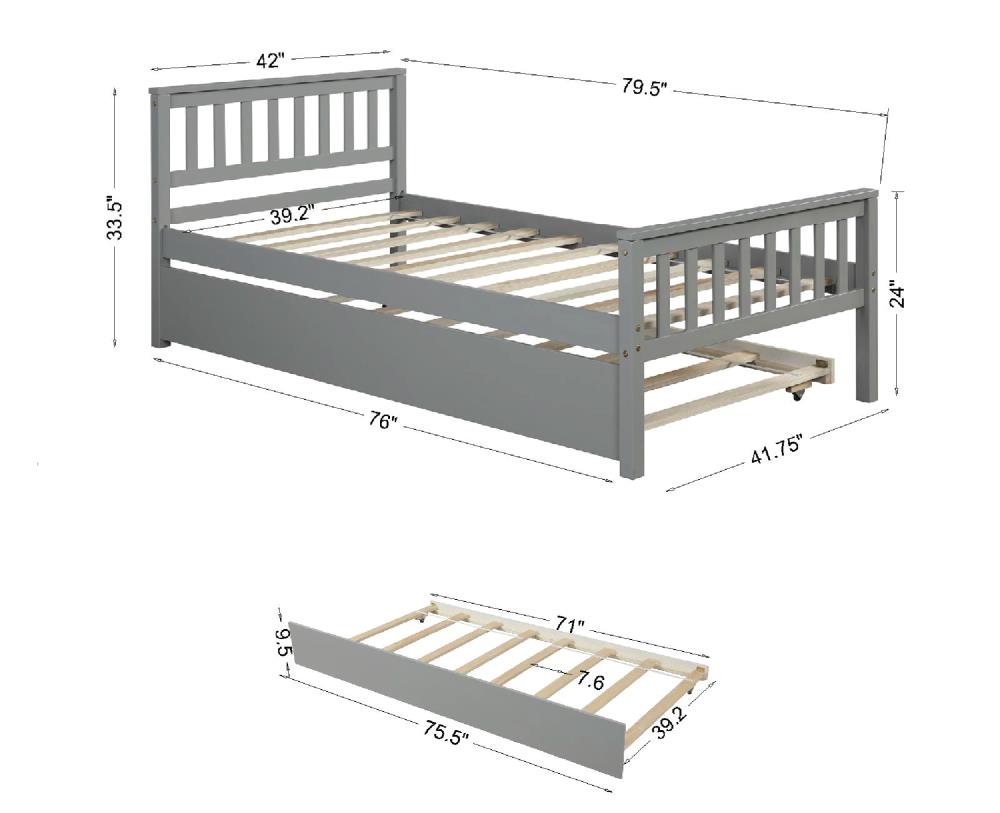Clihome Bed with trundle Gray Twin Wood Bed Frame with Storage in the ...