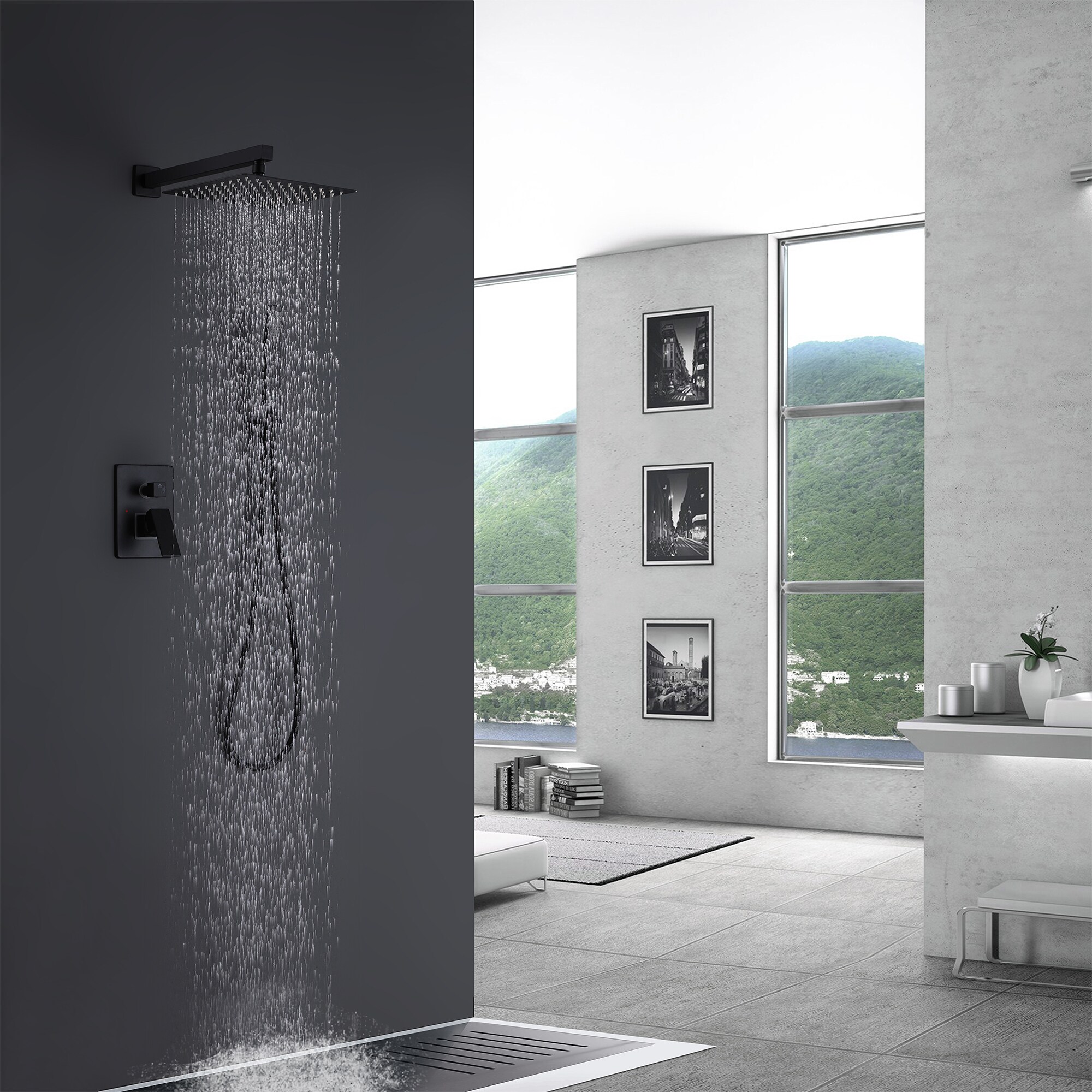 WELLFOR 16-in Ceiling Mounted Shower System Matte Black Built-In Shower  Faucet System with 2-way Diverter Valve Included