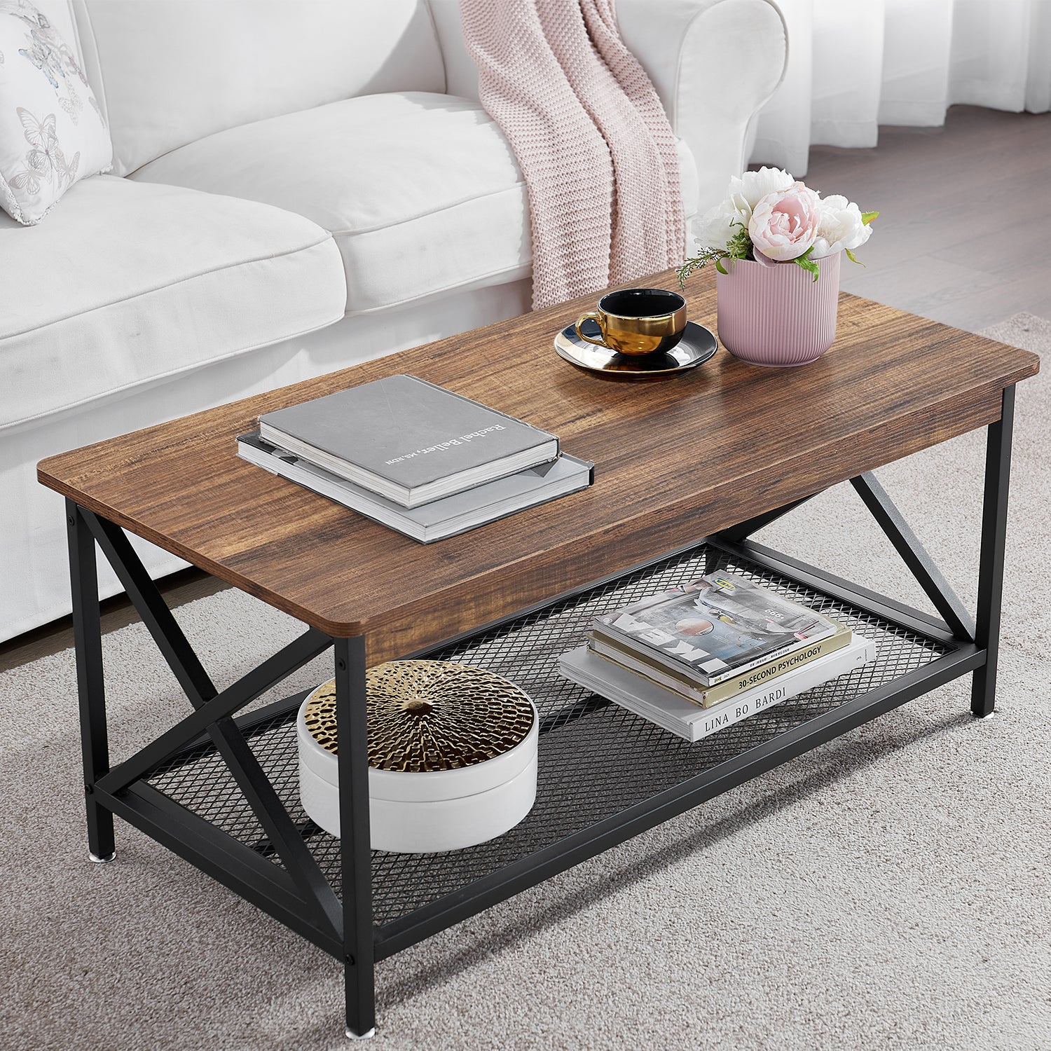 Vecelo Industrial Coffee Table with Storage Wood Metal Frame Rustic Center Table for Living Room Small Space Brown Gold