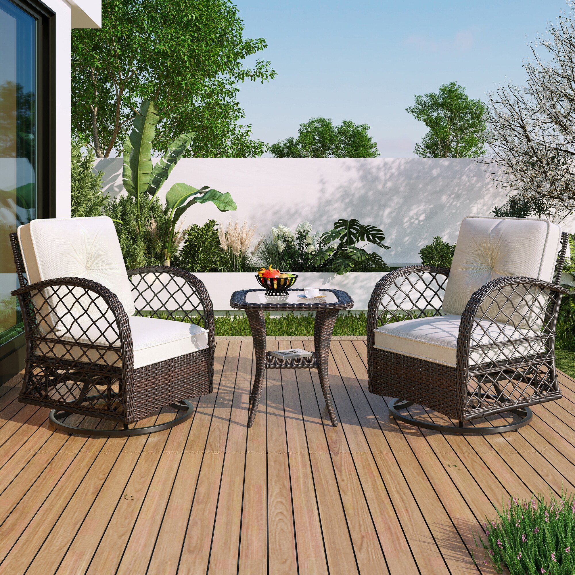 Clihome TM-07SH3-ABE 3 -Piece Rattan Patio Conversation Set with Brown Cushions