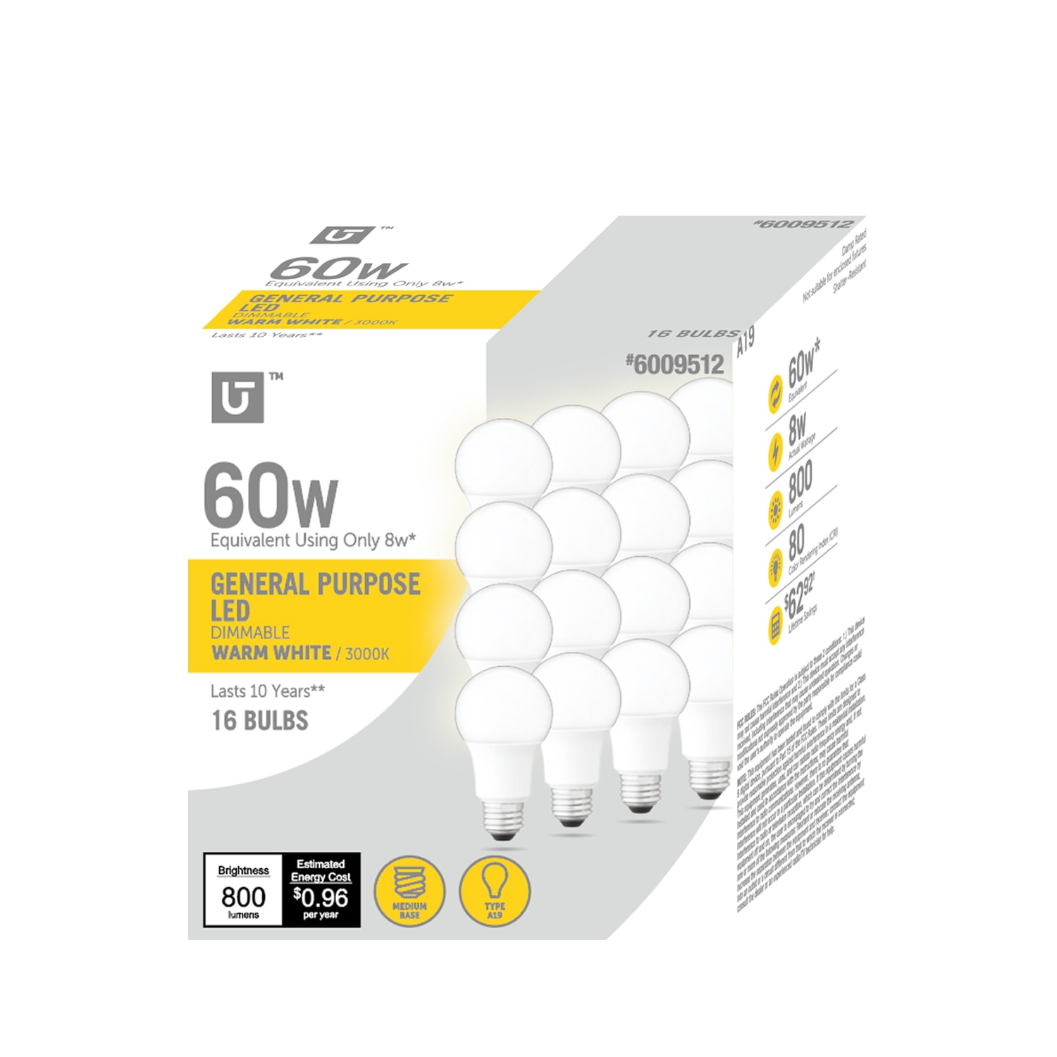 Utilitech YGA03C76-8.5W-830-16 60 -Watt EQ A19 Warm white E26 Dimmable LED General purpose Light Bulb 16 -Pack
