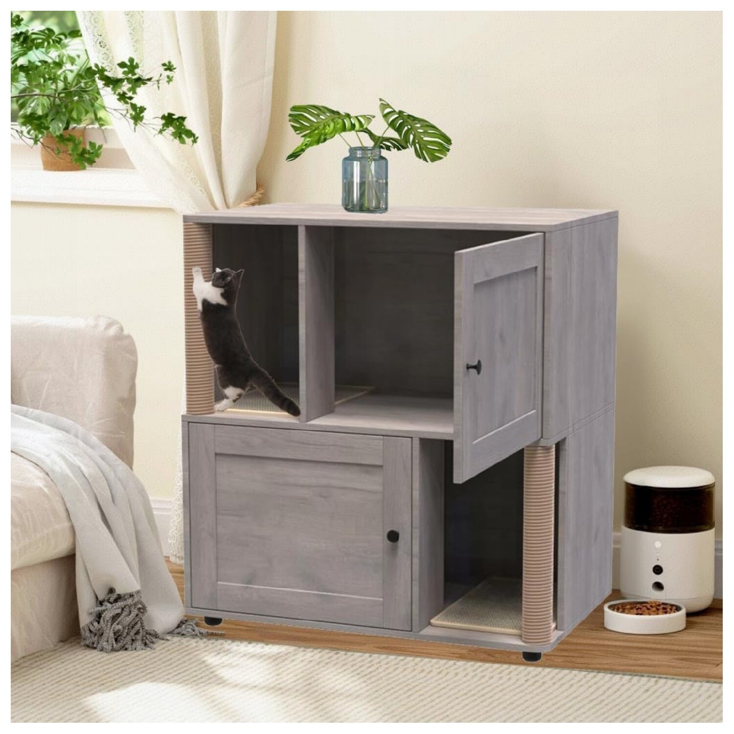 Garvee - 2 Tier Enclosed Litter Box Enclosure with Scratching Post and Dual Mats Double Litter Bo...
