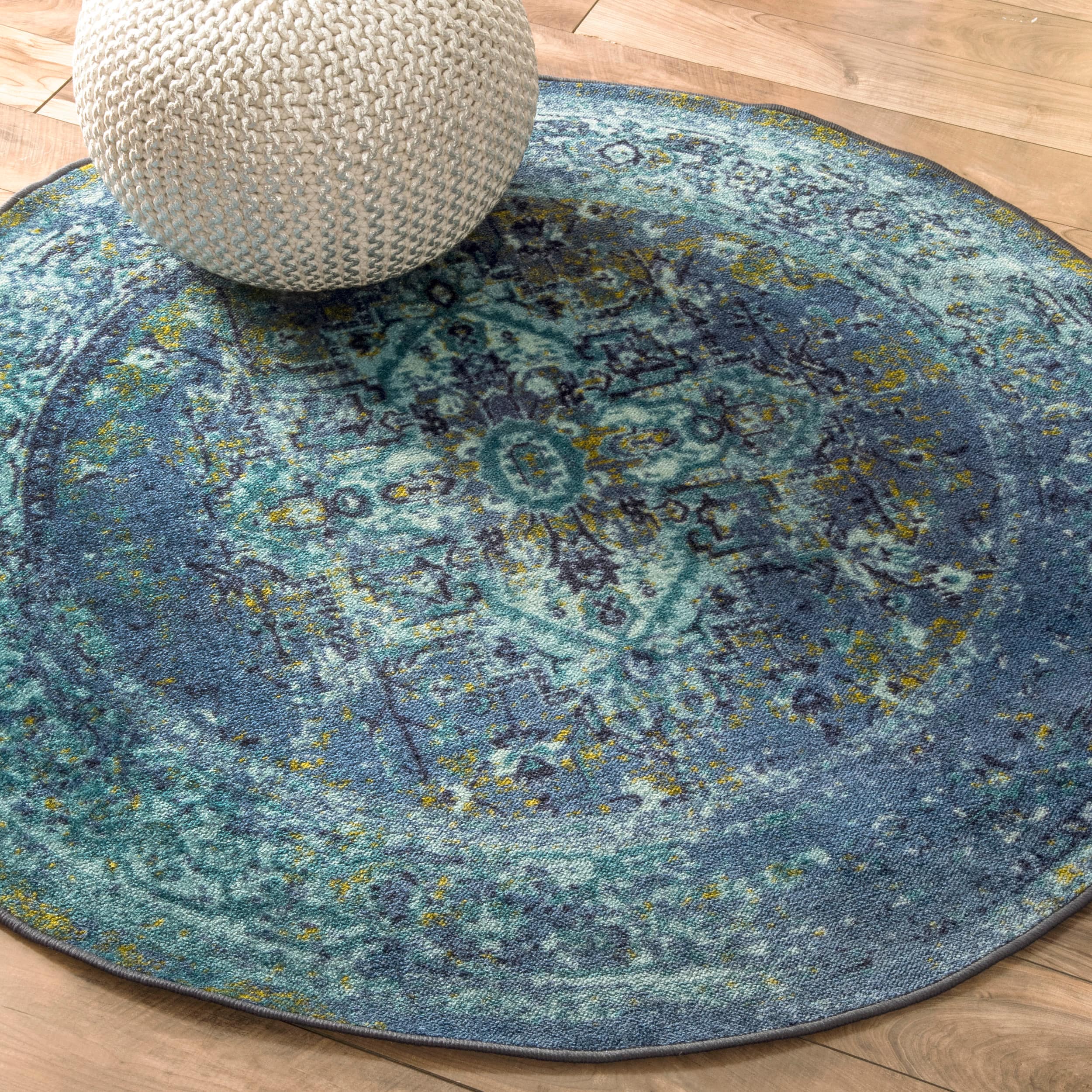 nuLOOM MCGZ01C-505R Reiko 5 x 5 (ft) Nylon Blue Round Indoor Distressed/Overdyed Vintage Area rug