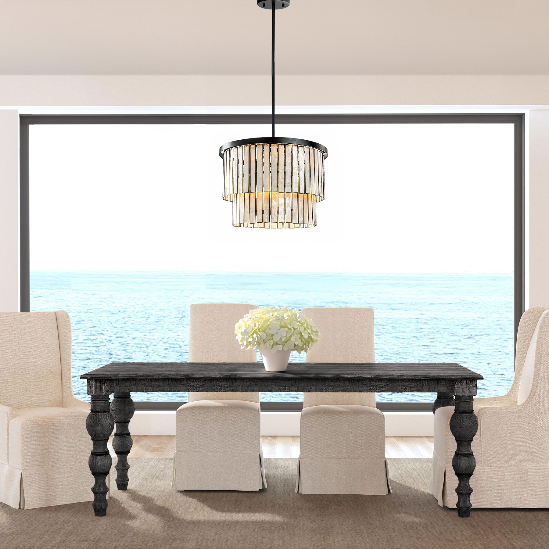 88'' Matte Black Capiz Shell 5-Light Coastal Chandelier