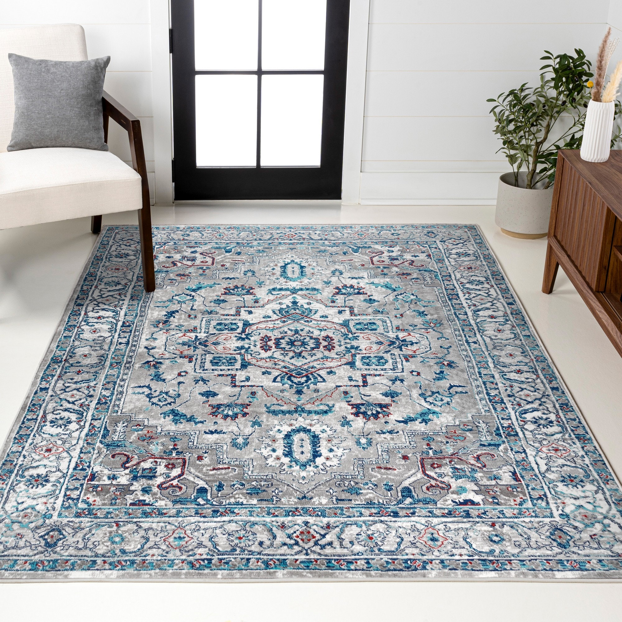 JONATHAN  Y MDP105A-5 MODERN PERSIAN Vintage 5 x 8 (ft) Loomed Light Grey/Blue Rectangular Indoor Medallion Persian Pet Friendly Area rug